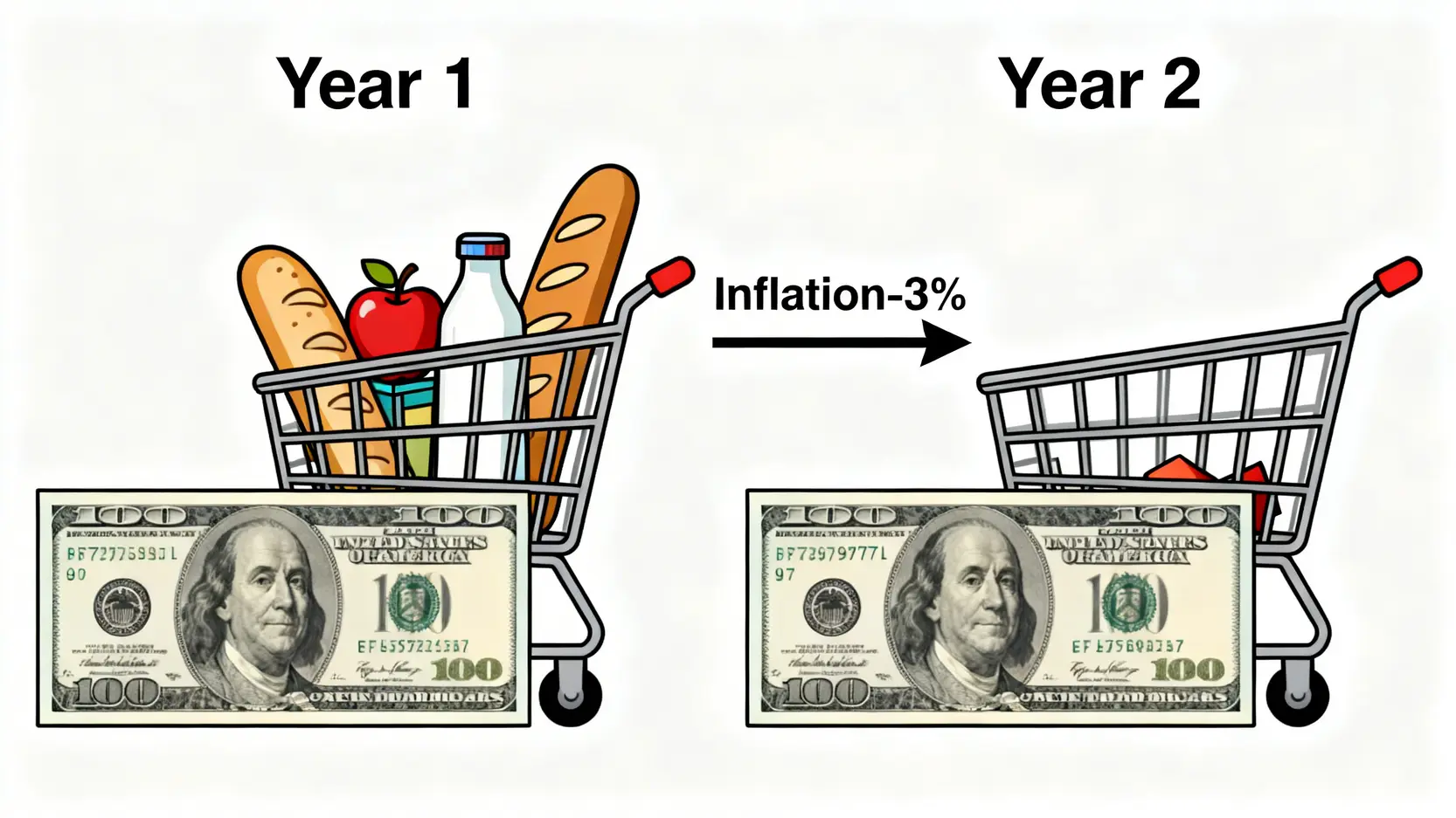 理財是為了什麼?別讓「晚一年」的決定,讓你退休時少拿150萬 2 一張圖說明通貨膨脹如何降低現金的購買力,顯示同樣的錢在一年後能買到的東西變少了。