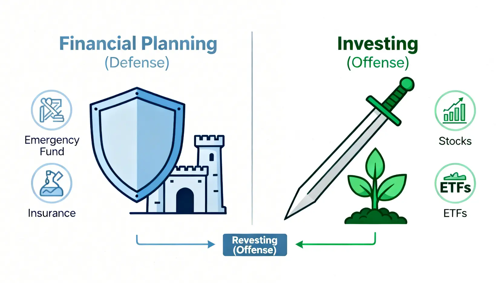 理財是為了什麼?別讓「晚一年」的決定,讓你退休時少拿150萬 4 一張示意圖區分理財與投資。左邊是代表防守的盾牌(理財),右邊是代表進攻的劍(投資)。