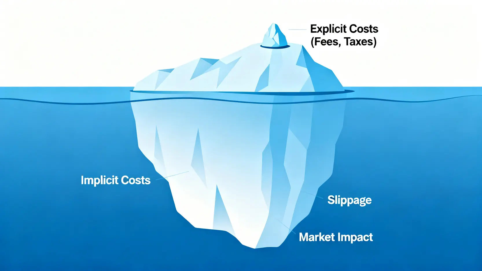 2026財富管理VIP投資策略:分析師揭露3 大理財陷阱與避險模型 2 投資總持有成本冰山圖,顯示手續費等顯性成本只是冰山一角,而滑點等隱性成本才是水下更巨大的部分。