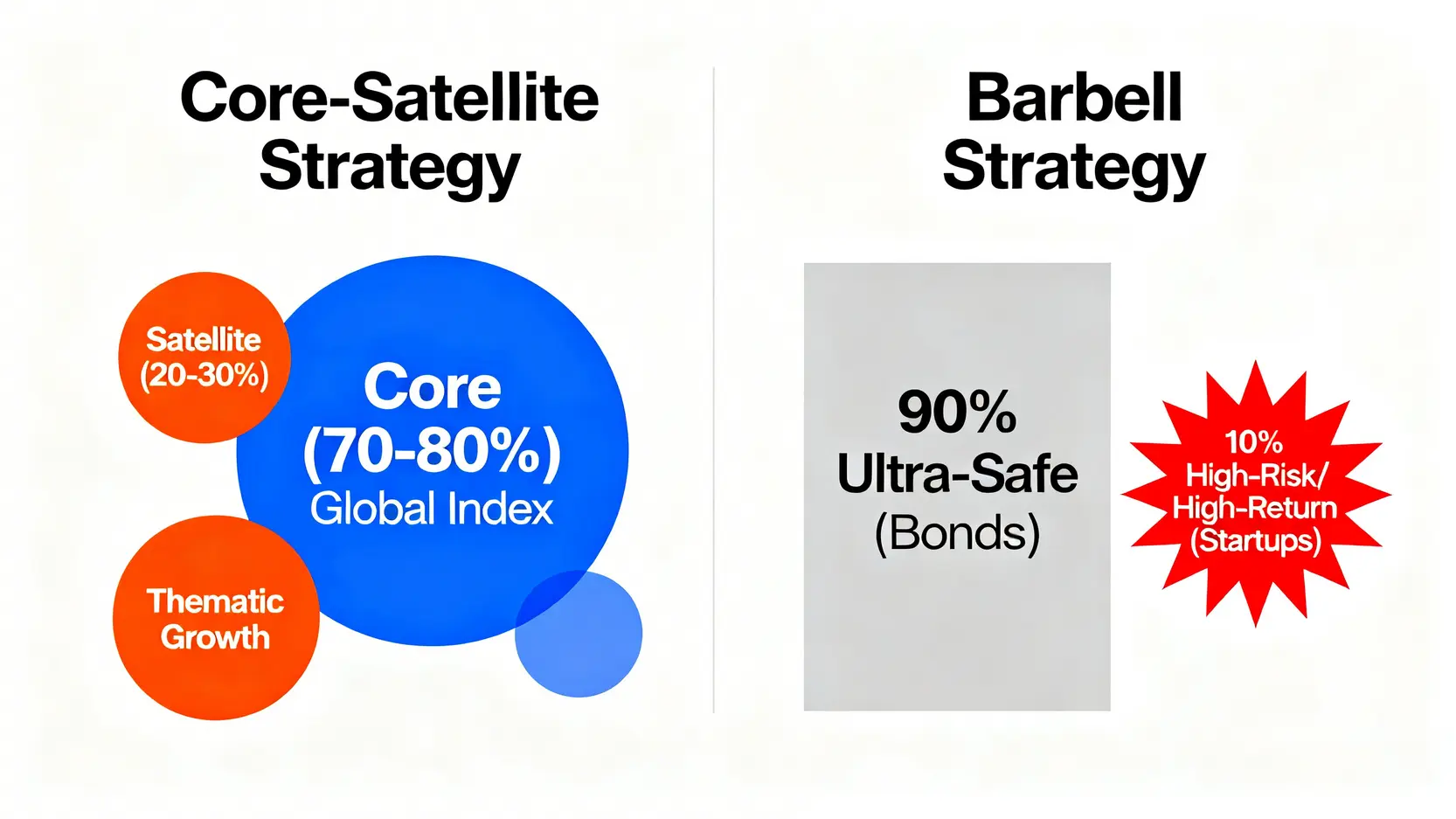 2026財富管理VIP投資策略:分析師揭露3 大理財陷阱與避險模型 3 核心衛星策略與槓鈴策略的結構對比圖,展示了兩種投資組合的資產配置方式。