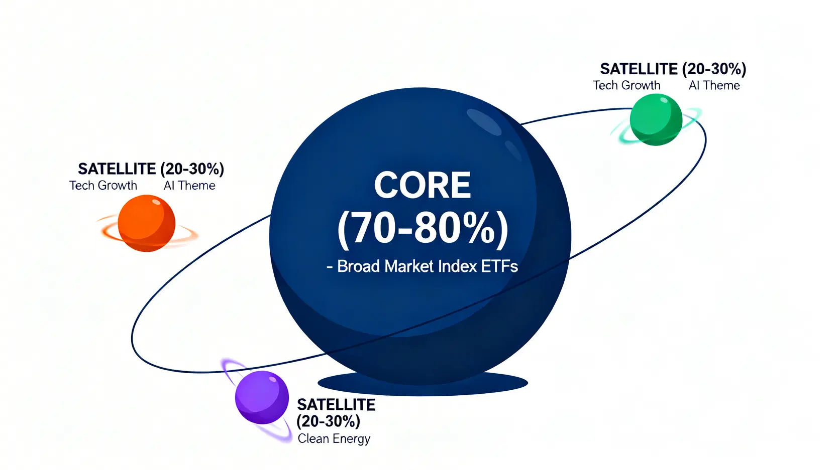 2026投資策略實戰指南:3種資產配置模型回測 2 核心衛星投資策略示意圖,展示一個大的核心資產被多個小的衛星資產環繞的結構。