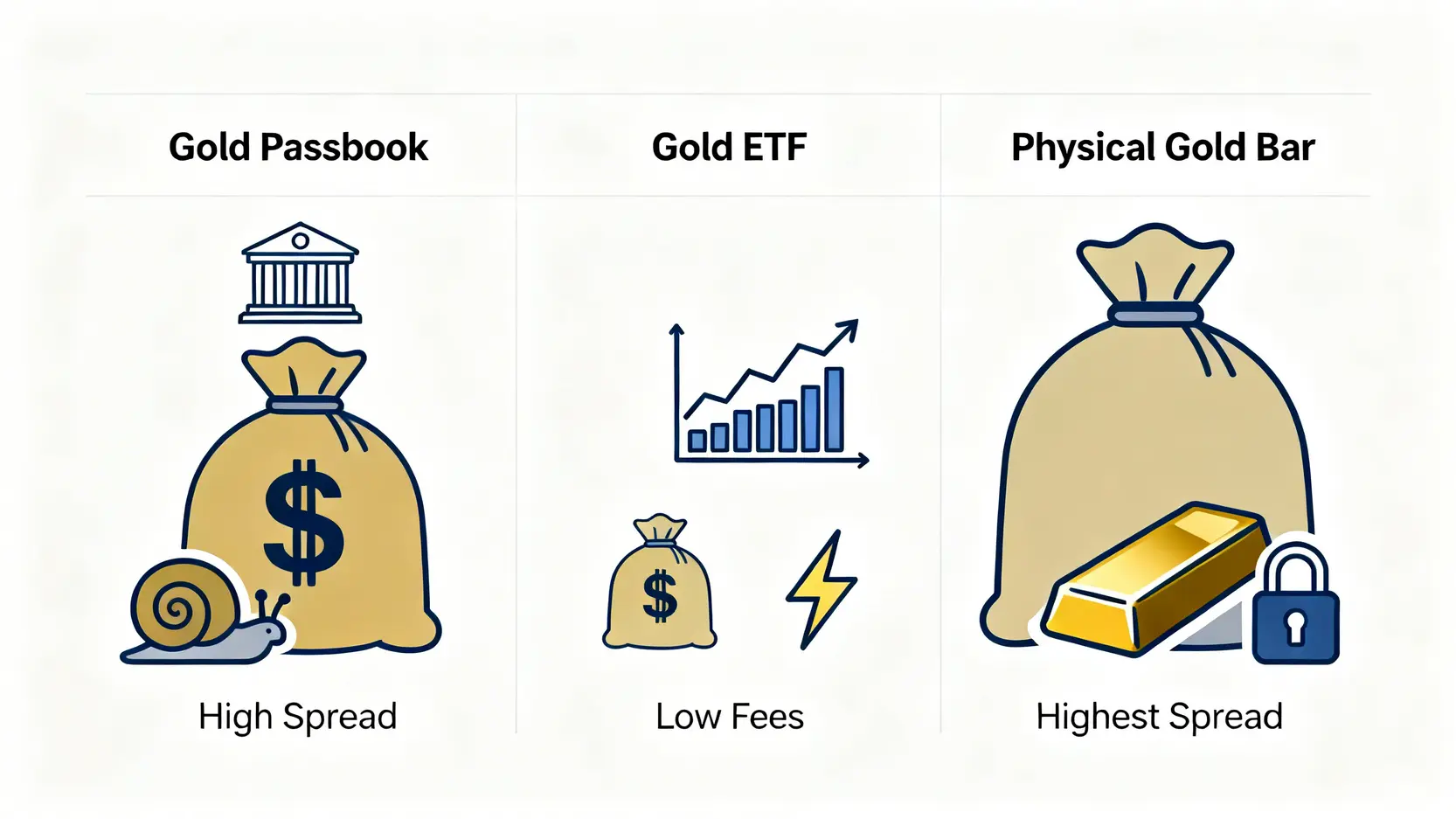 2026黃金走勢預測:三大投行目標價與投資成本分析 3 三種黃金投資管道比較圖:黃金存摺、黃金ETF與實體金條在成本、流動性與風險上的差異。