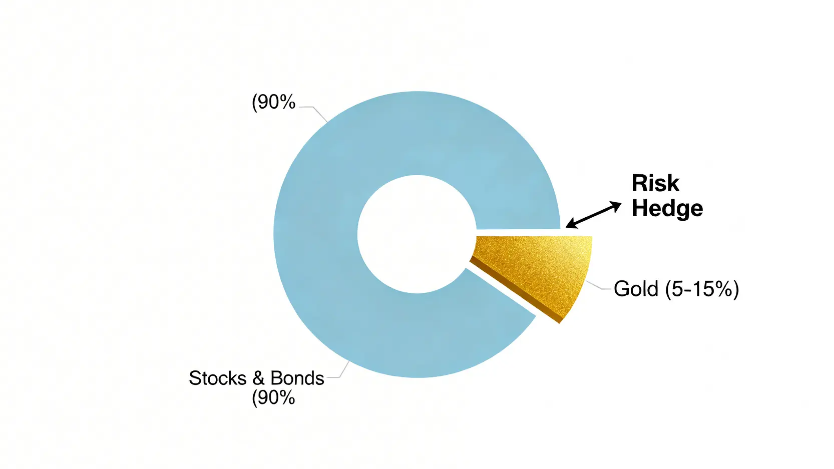 2026黃金走勢預測:三大投行目標價與投資成本分析 4 一個多元化的投資組合配置圖,其中股票與債券佔90%,黃金作為避險資產佔10%。
