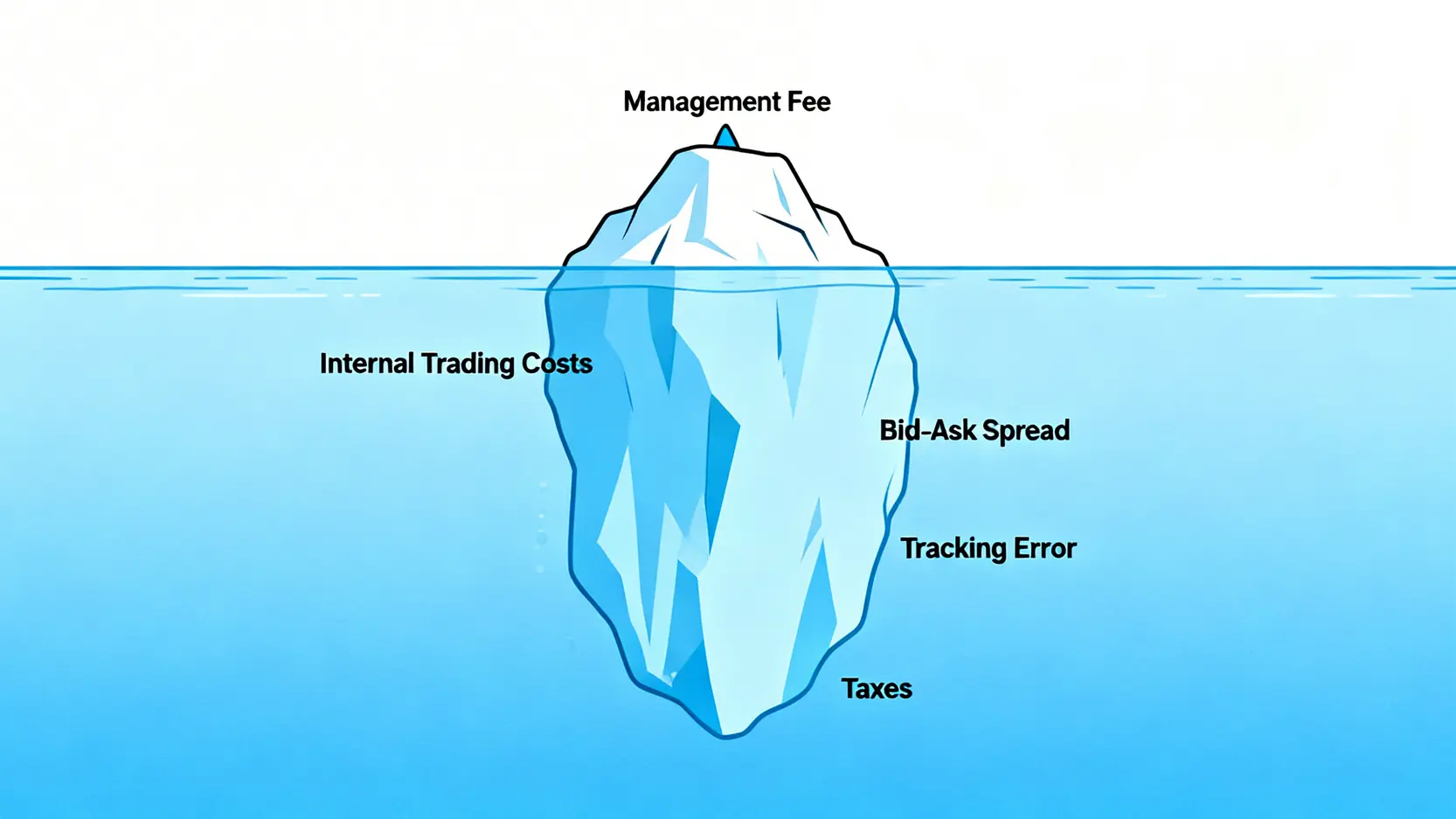 2026ETF推薦風控指南:破除高股息迷思與計算隱藏成本 2 ETF隱藏成本冰山圖,顯示管理費只是冰山一角,水面下還有交易成本、買賣價差與追蹤誤差等更多費用。
