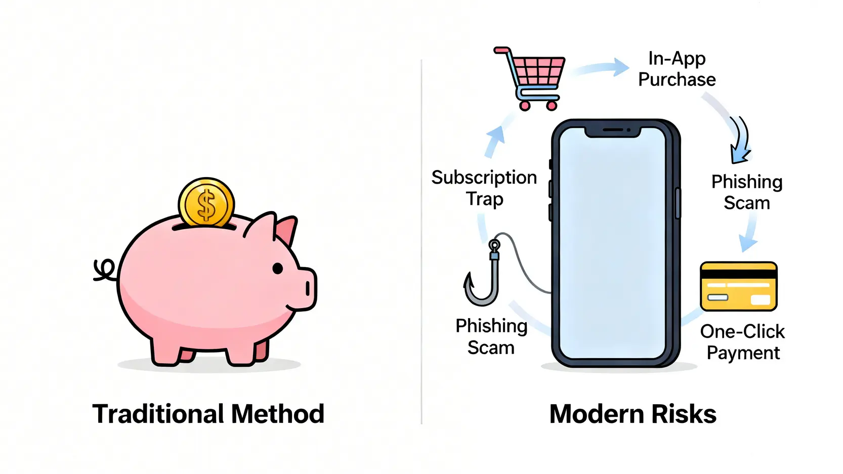 2026 如何教孩子理財?告別存錢筒,5步驟建立兒童的數位金融風險觀 2 一張對比圖,左邊是傳統的小豬存錢筒理財法,右邊是現代兒童面臨的數位金融風險,如App內購買和訂閱陷阱。