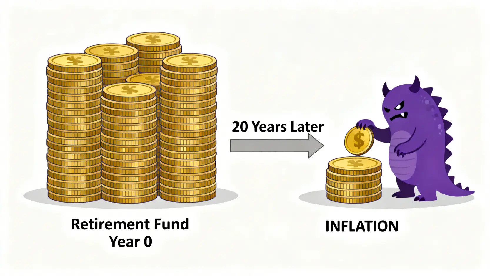 2026退休理財壓力測試:理財達人教你預防3大風險的資產配置 2 通貨膨脹概念圖,展示一疊退休金在20年後因通膨怪獸的侵蝕而縮水的過程。