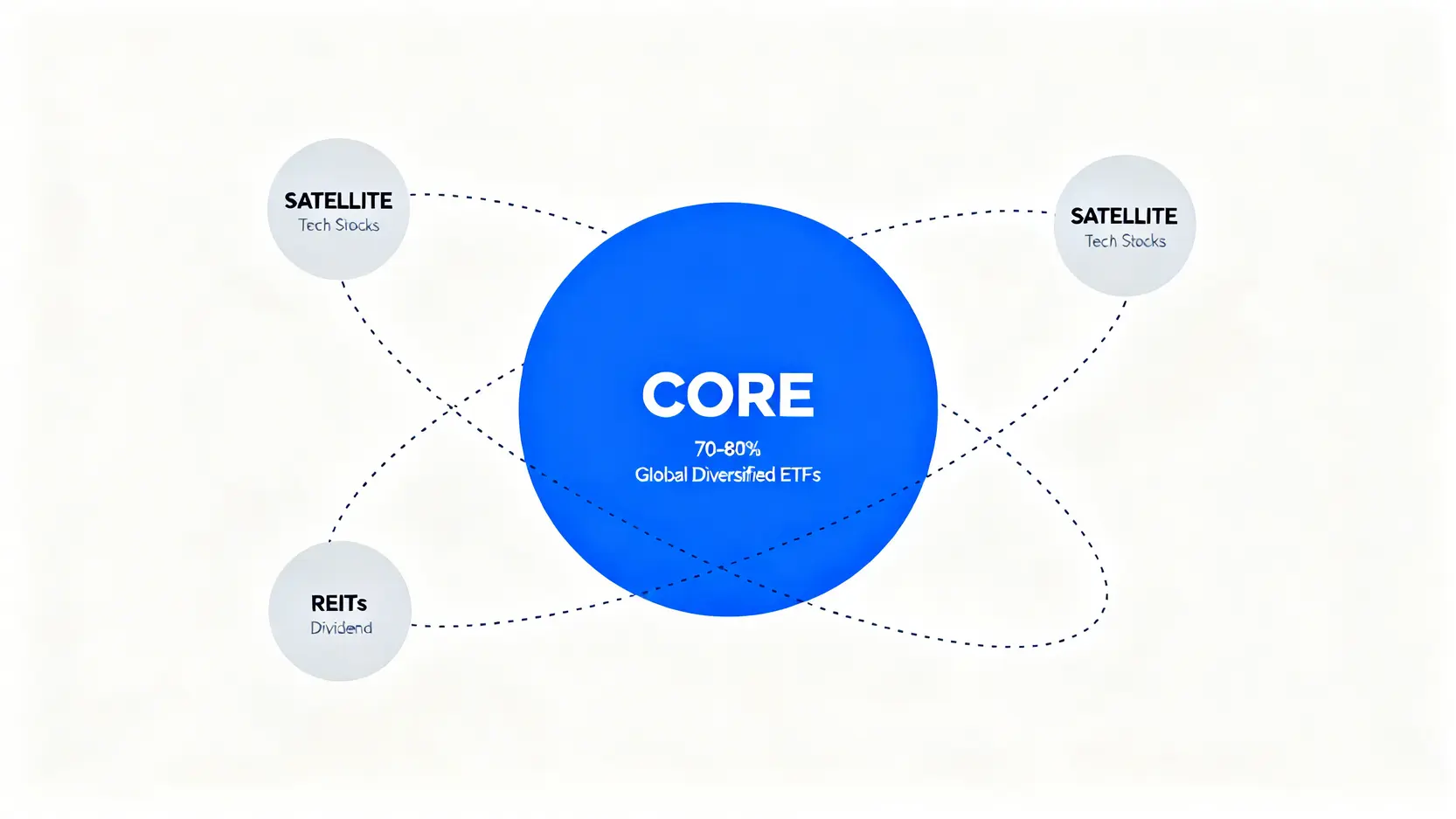 2026退休理財壓力測試:理財達人教你預防3大風險的資產配置 4 核心衛星投資策略示意圖,展示一個穩定的核心資產和多個追求增長的衛星資產。