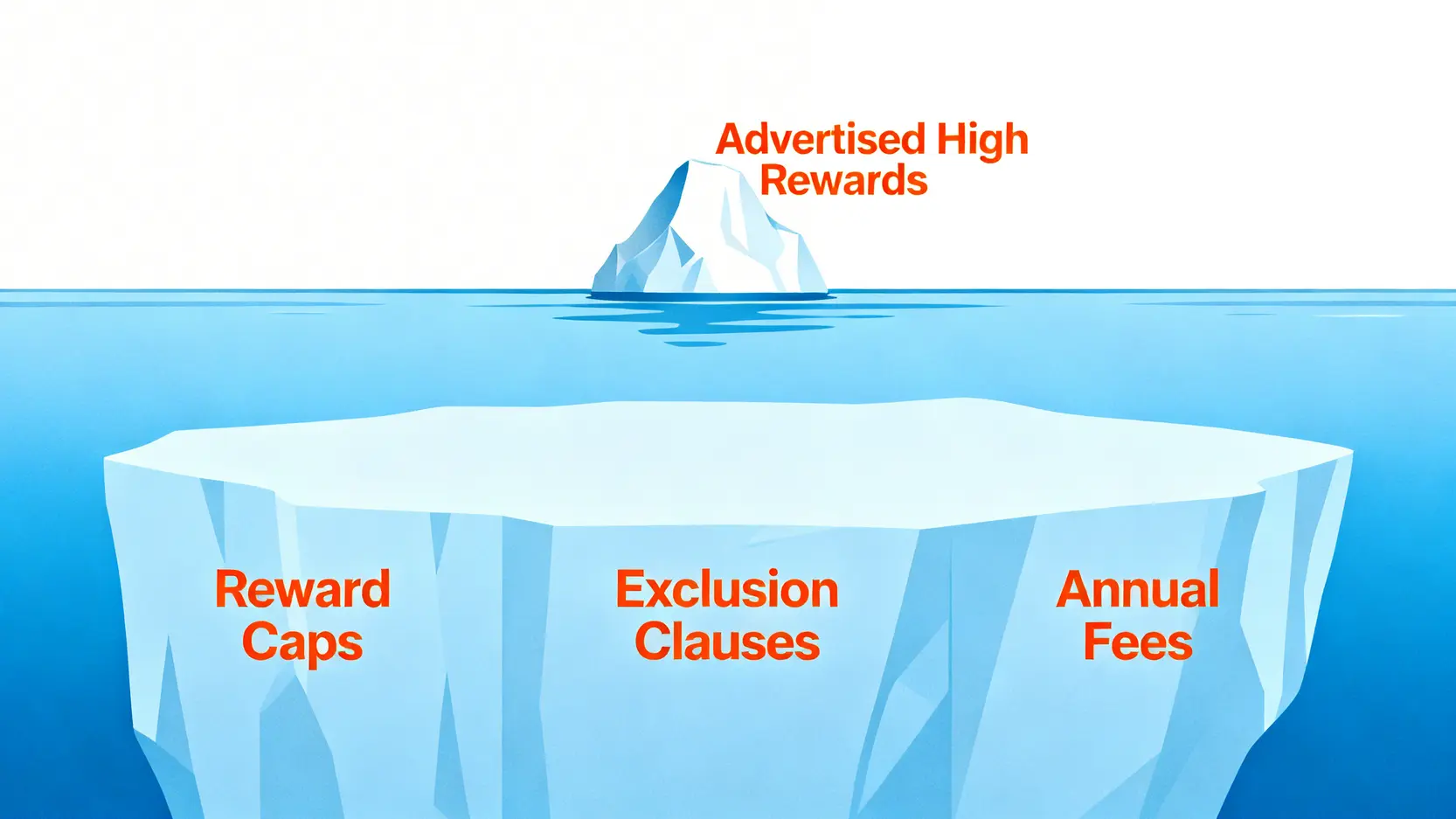 【2026中信信用卡分析】5 大主力卡回饋實測與隱藏風險全解析 2 信用卡真實價值冰山圖,顯示廣告高回饋只是表面,而回饋上限、排除條款與年費是更大的隱藏成本。