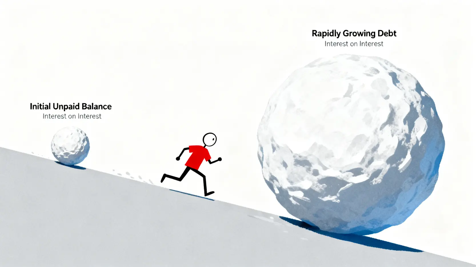 【2026中信信用卡分析】5 大主力卡回饋實測與隱藏風險全解析 4 循環利息債務雪球效應示意圖,顯示未繳清的卡費如何像滾雪球一樣,利滾利快速增長。