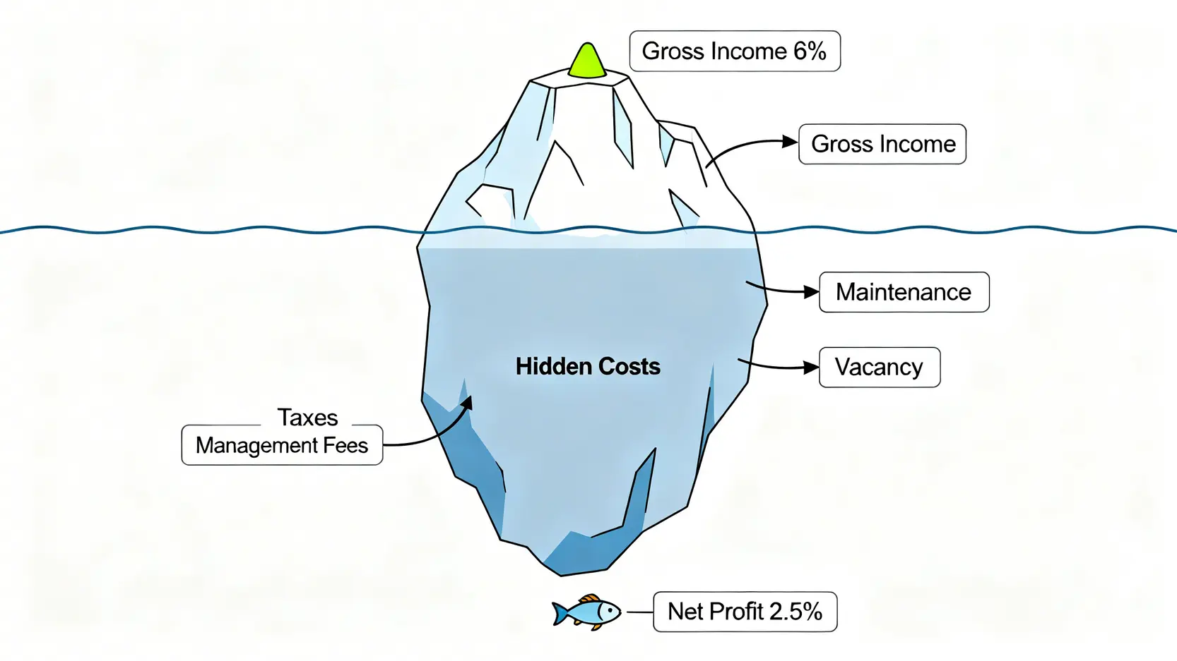 【2026真實報酬率分析】5種被動收入的隱藏成本揭露 2 冰山圖,顯示總收入僅是表面,而稅費、管理費等隱藏成本佔據了大部分,導致淨利潤大幅縮水。