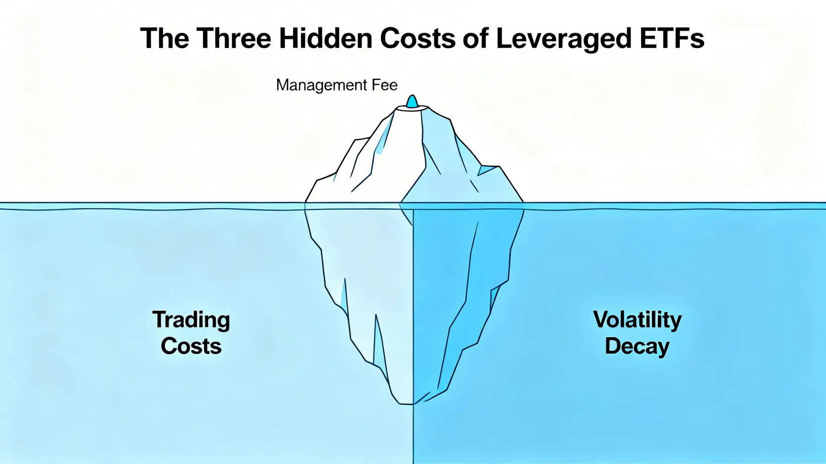 【2026策略】美股槓桿ETF指南:學會計算『隱藏成本』才是贏家 2 槓桿ETF的三重隱藏成本示意圖,以冰山比喻管理費是可見一角,而交易成本與波動率耗損是水下更巨大的部分。