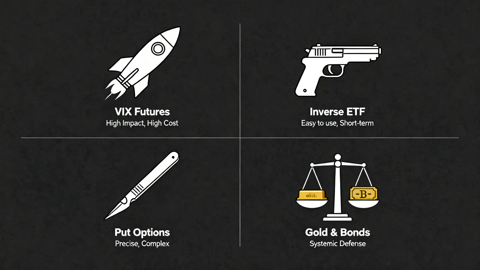 2026美股對沖指南:精算4種工具的「成本拖累」與最佳時機 3 四種對沖工具的特性對比圖:VIX期貨如火箭,反向ETF如手槍,賣權如手術刀,黃金與公債如天秤。