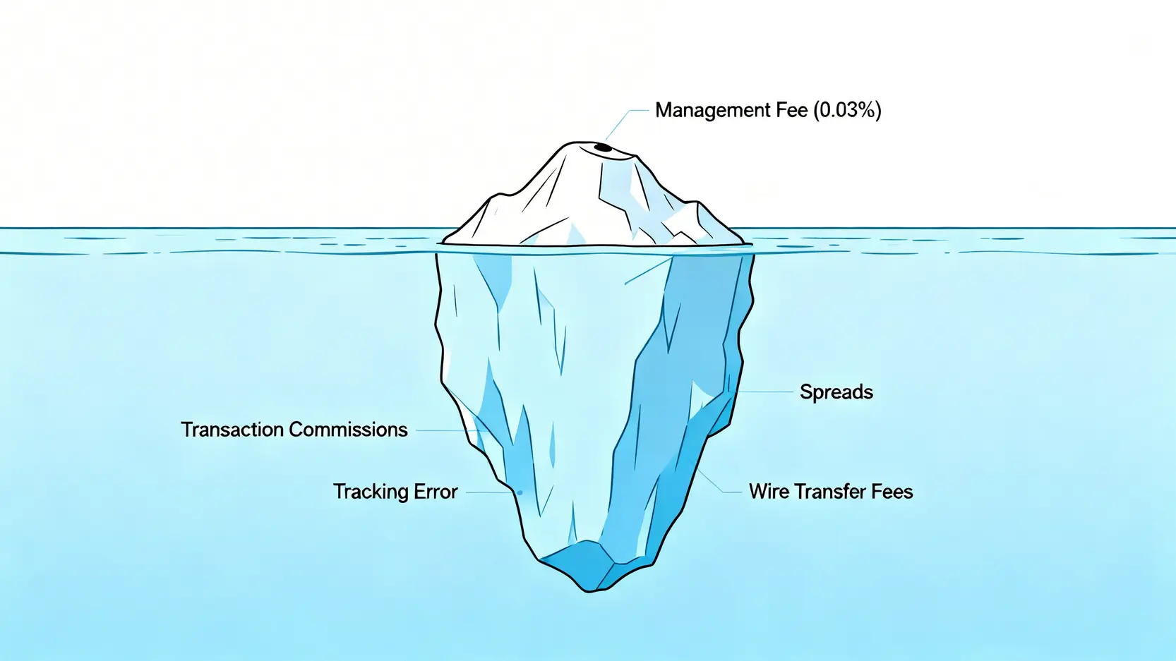 美股資產配置實戰:複委託vs海外券商成本分析(2026) 3 投資成本的冰山示意圖,水面上可見的小部分是管理費,而水面下巨大的部分是交易手續費、追蹤誤差等隱藏成本。