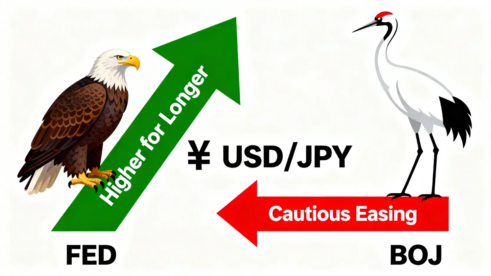美元兌日圓2026走勢預測:倫敦交易員揭示滑點風險與最佳換匯策略 2 一張概念圖,展示美國聯準會(Fed)的鷹派高利率政策與日本銀行(BoJ)的鴿派寬鬆政策之間的分歧,共同影響著美元兌日圓的匯率走勢。