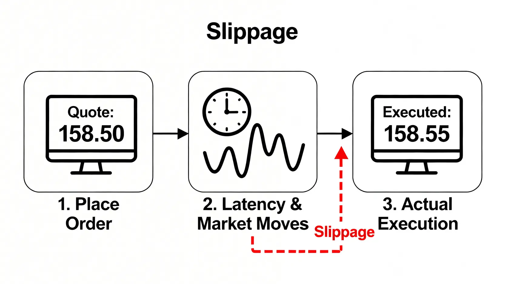 美元兌日圓2026走勢預測:倫敦交易員揭示滑點風險與最佳換匯策略 3 一張解釋「滑點」風險的流程圖,顯示從下單時的報價到最終成交價之間因市場波動和延遲而產生的差異。