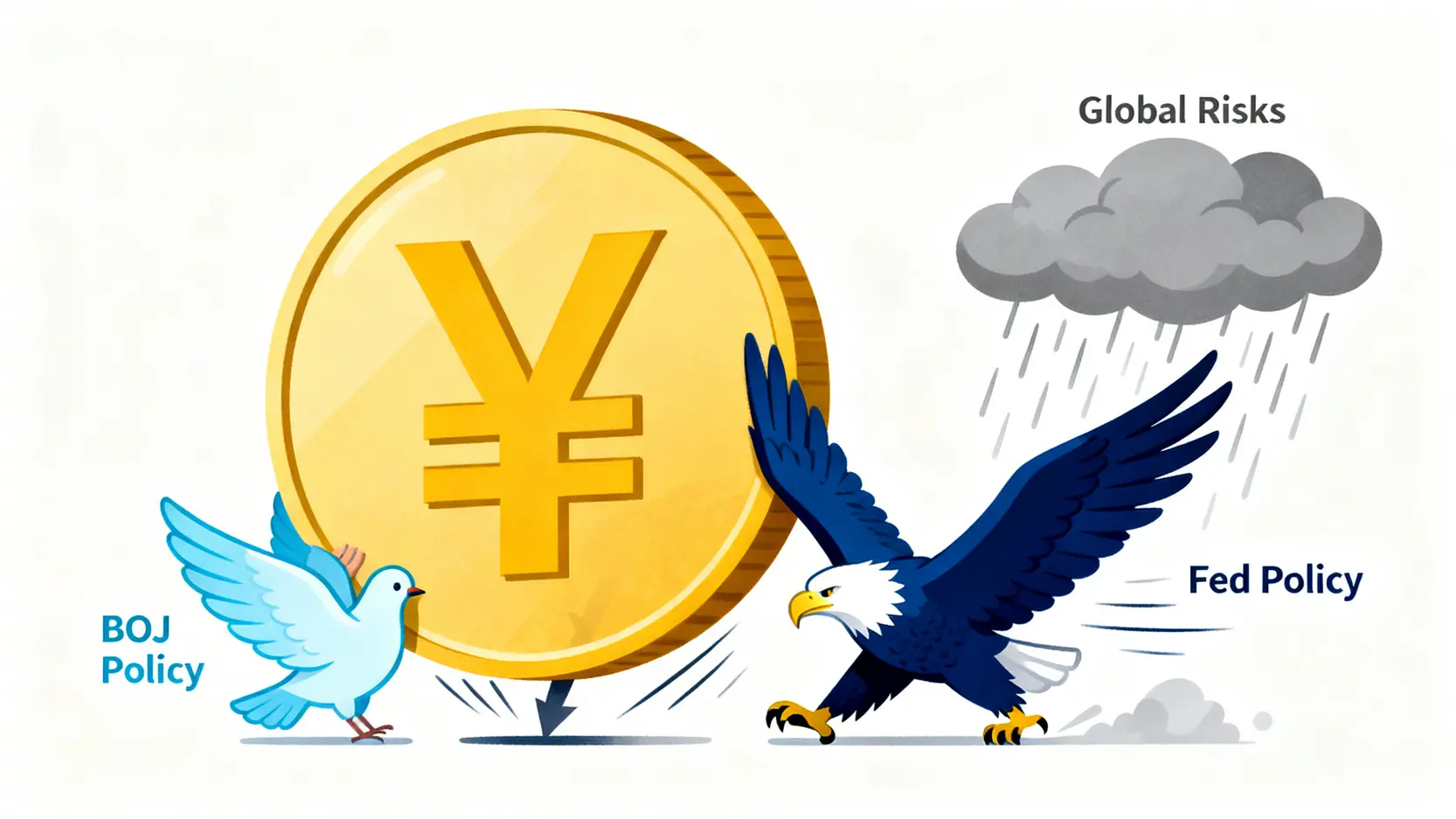 【2026日幣匯率走勢預測】專家分析最佳買賣點與銀行換匯成本比較 2 一張概念示意圖,顯示日幣(JPY)硬幣正受到三股力量的壓迫:象徵日本央行鴿派政策的鴿子、象徵美國聯準會強勢政策的老鷹,以及代表全球風險的風暴雲。