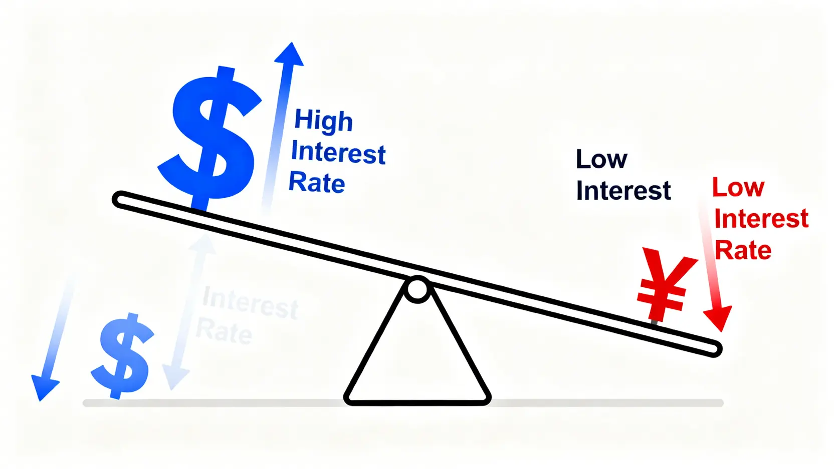 【2026日幣匯率走勢預測】專家分析最佳買賣點與銀行換匯成本比較 3 一張示意圖,用蹺蹺板比喻美日利差收窄。一端是利率較高的美元,另一端是利率較低的日圓,蹺蹺板正從傾斜趨於平衡,預示日幣匯率可能回升。