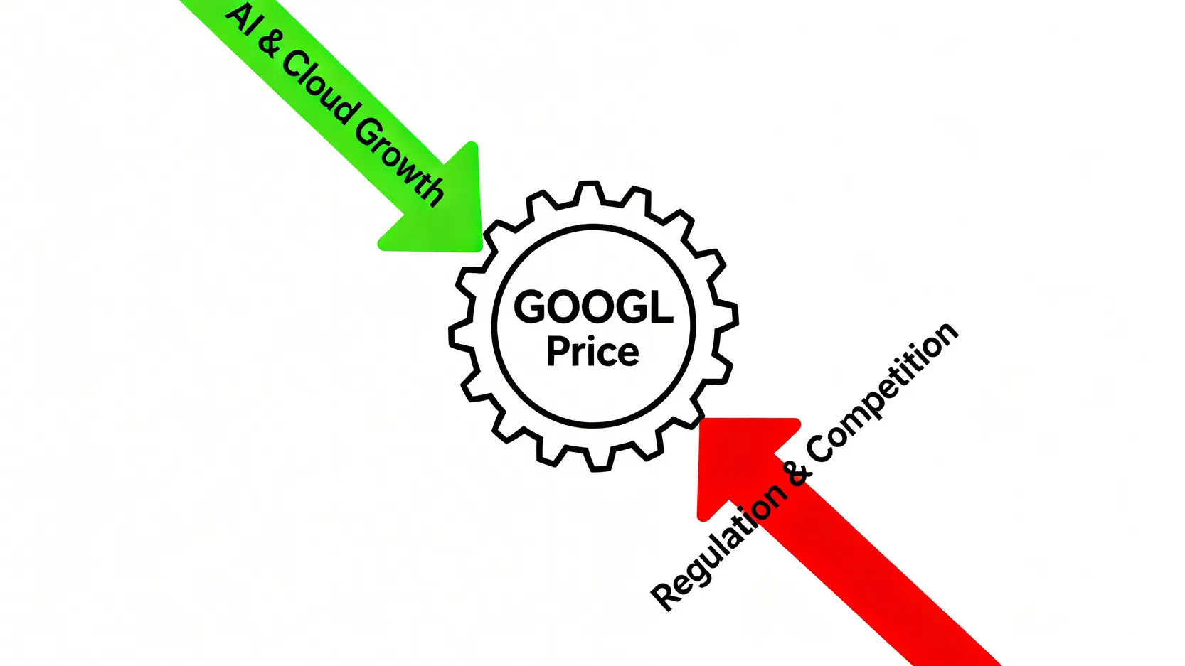 谷歌股價2026財報預測與3大風險分析 2 一張示意圖,展示影響谷歌股價的兩股主要力量:AI與雲端業務的增長動力,以及監管與競爭的下行壓力。