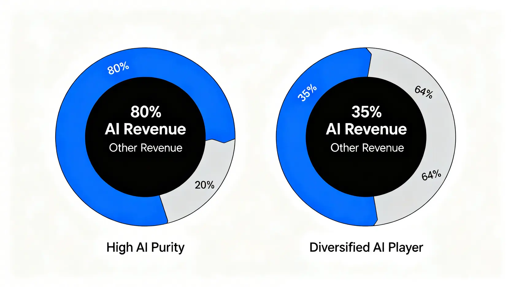 2026美股AI概念股投資指南:從「風險矩陣」到「估值模型」策略 2 一張對比圖,顯示高AI純度公司與多元化AI公司的營收構成差異。