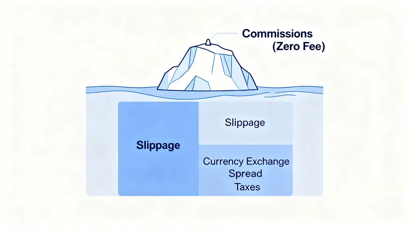 2026海外券商總成本分析:滑點與稅務才是魔鬼 2 交易成本冰山圖,顯示手續費只是冰山一角,水下更大的成本是滑點、換匯利差和稅務。