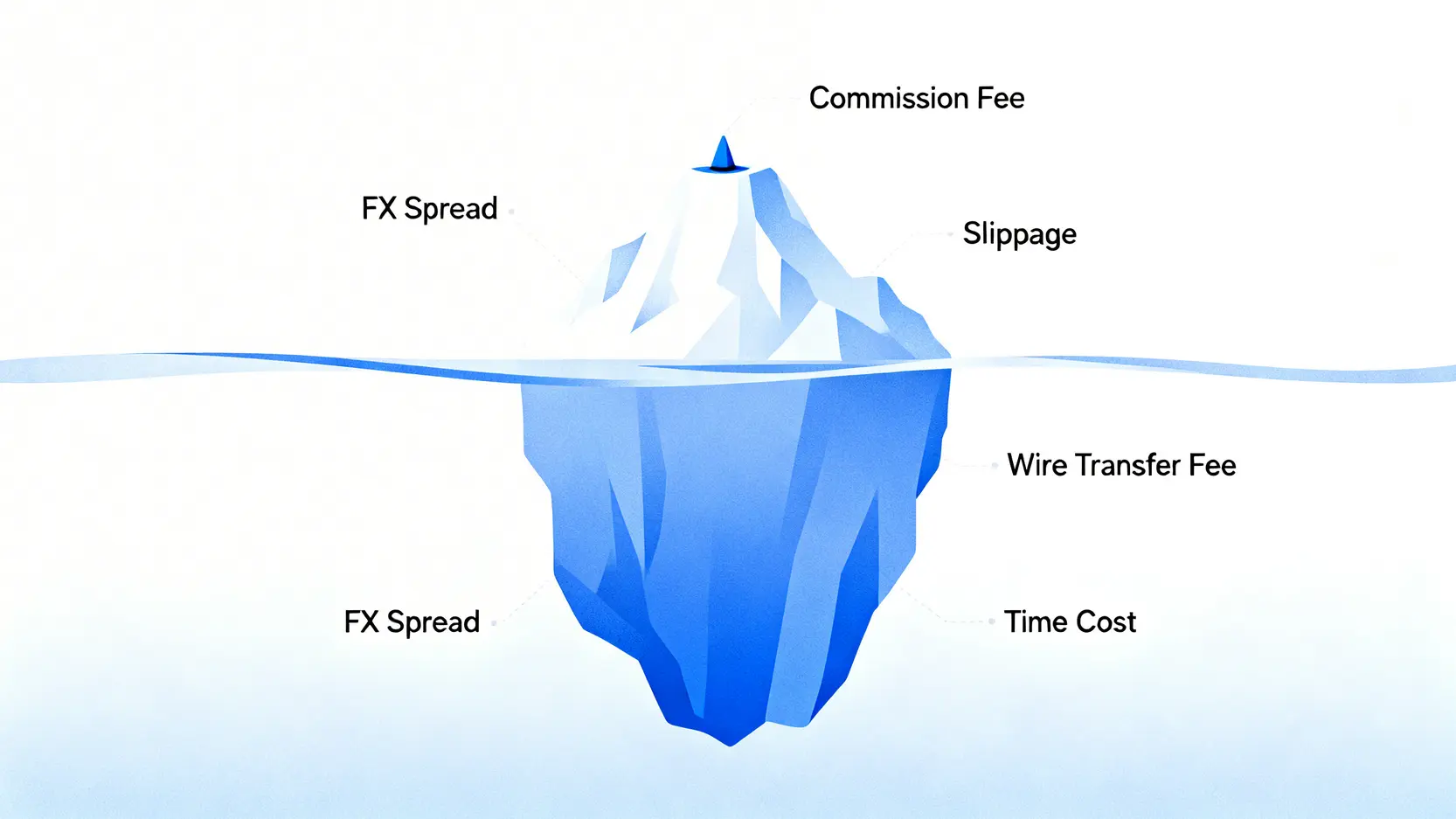 2026美股交易成本分析:一篇看懂複委託 vs. 海外券商的7大隱藏費用與風險 2 總持有成本冰山模型圖,顯示手續費只是可見的小部分,而水面下藏著更大的隱藏成本,如匯差、滑價等。
