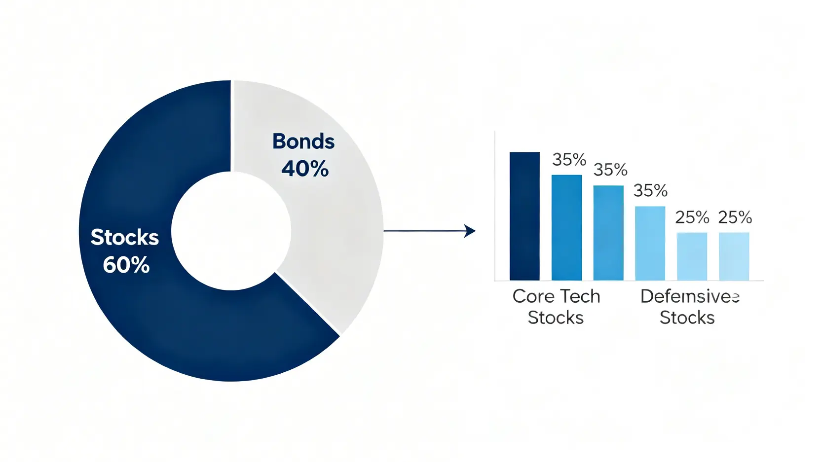 台股資金行情是泡沫嗎?2026 三大法人數據拆解與風險全解析 4 建議的防禦性資產配置圖,顯示股票佔60%(科技股35%,傳產金融25%),固定收益佔40%。