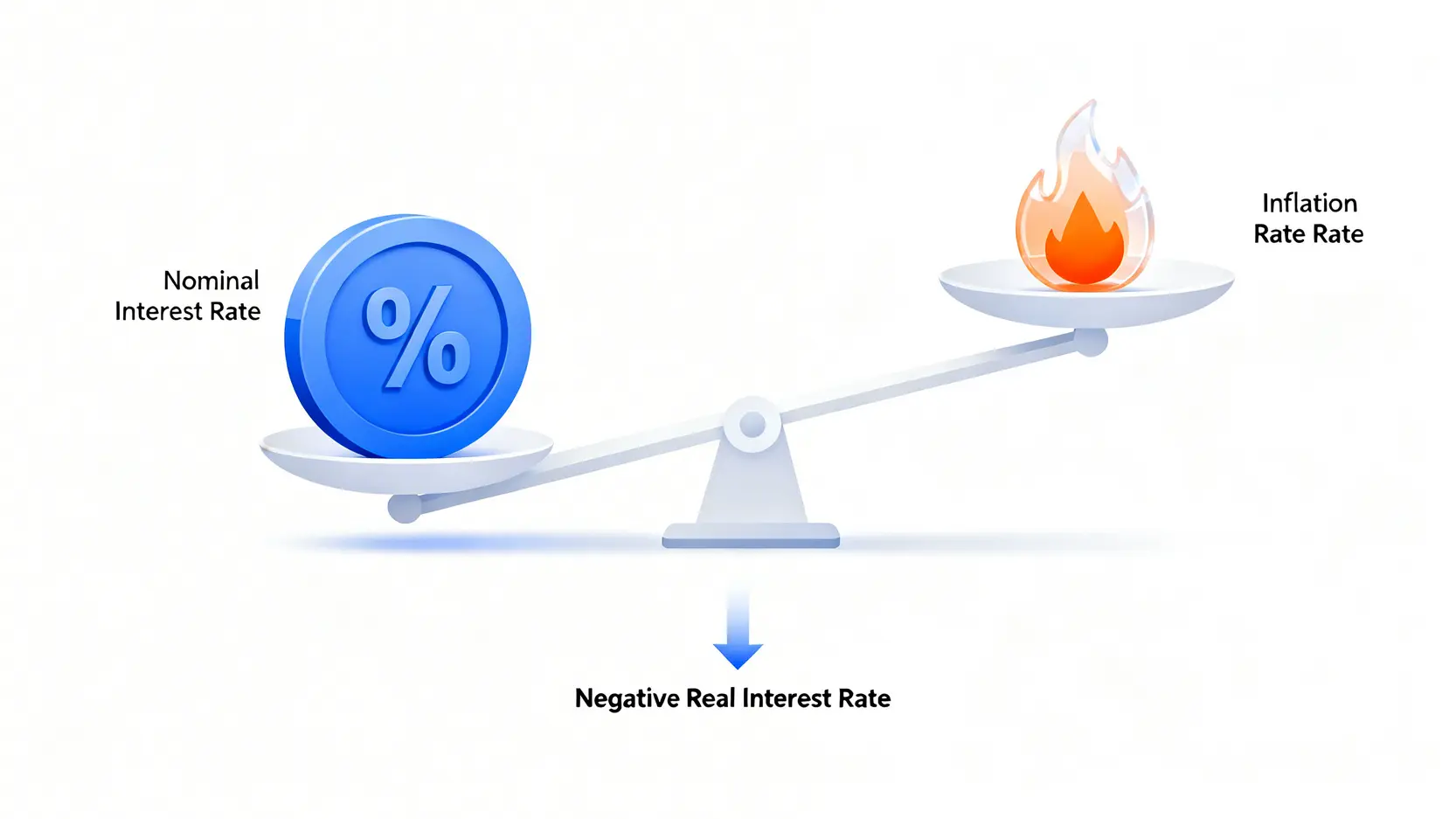 2026通膨買房的金融陷阱:專家教你精算利息與成本,揭示房價不跌反漲的真相 2 實質利率概念圖,顯示一個向通膨率傾斜的天平,說明當通膨高於名目利率時,會產生負實質利率。