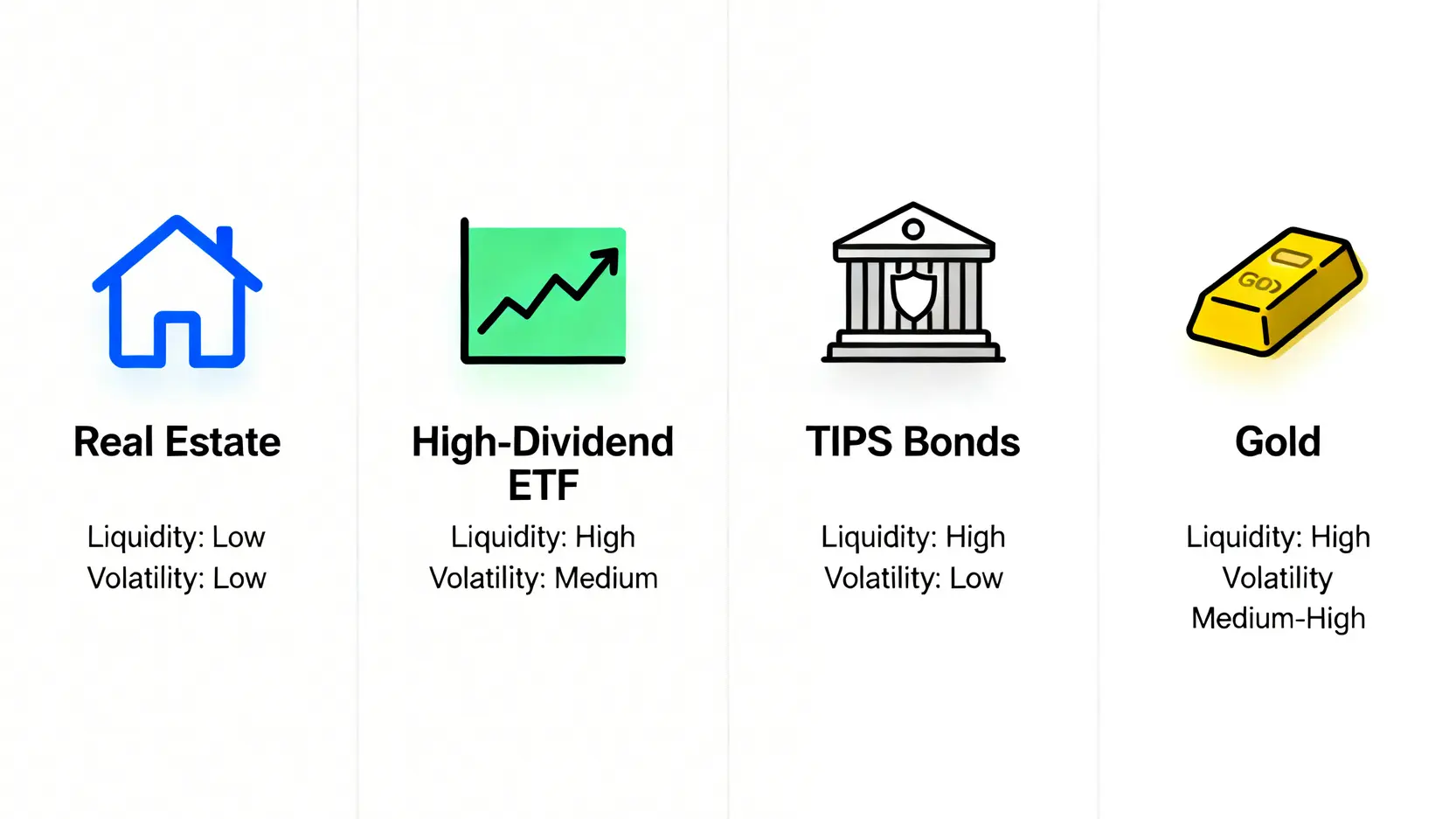2026通膨買房的金融陷阱:專家教你精算利息與成本,揭示房價不跌反漲的真相 4 四種抗通膨資產對比圖,比較房地產、高股息ETF、抗通膨債券和黃金在流動性與波動率上的差異。