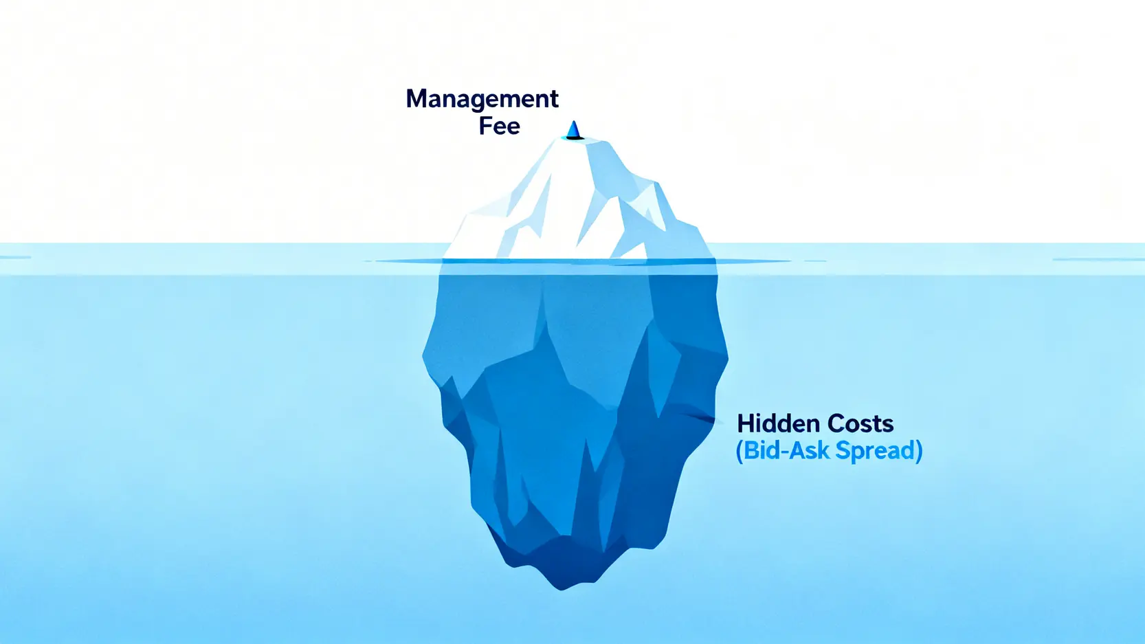 2026抗通膨ETF排行:專家教你從「流動性」與「利率風險」比較 VTIP、SCHP、TIP 2 總持有成本概念圖,顯示管理費只是冰山一角,而隱藏的買賣價差成本是水下更大部分。