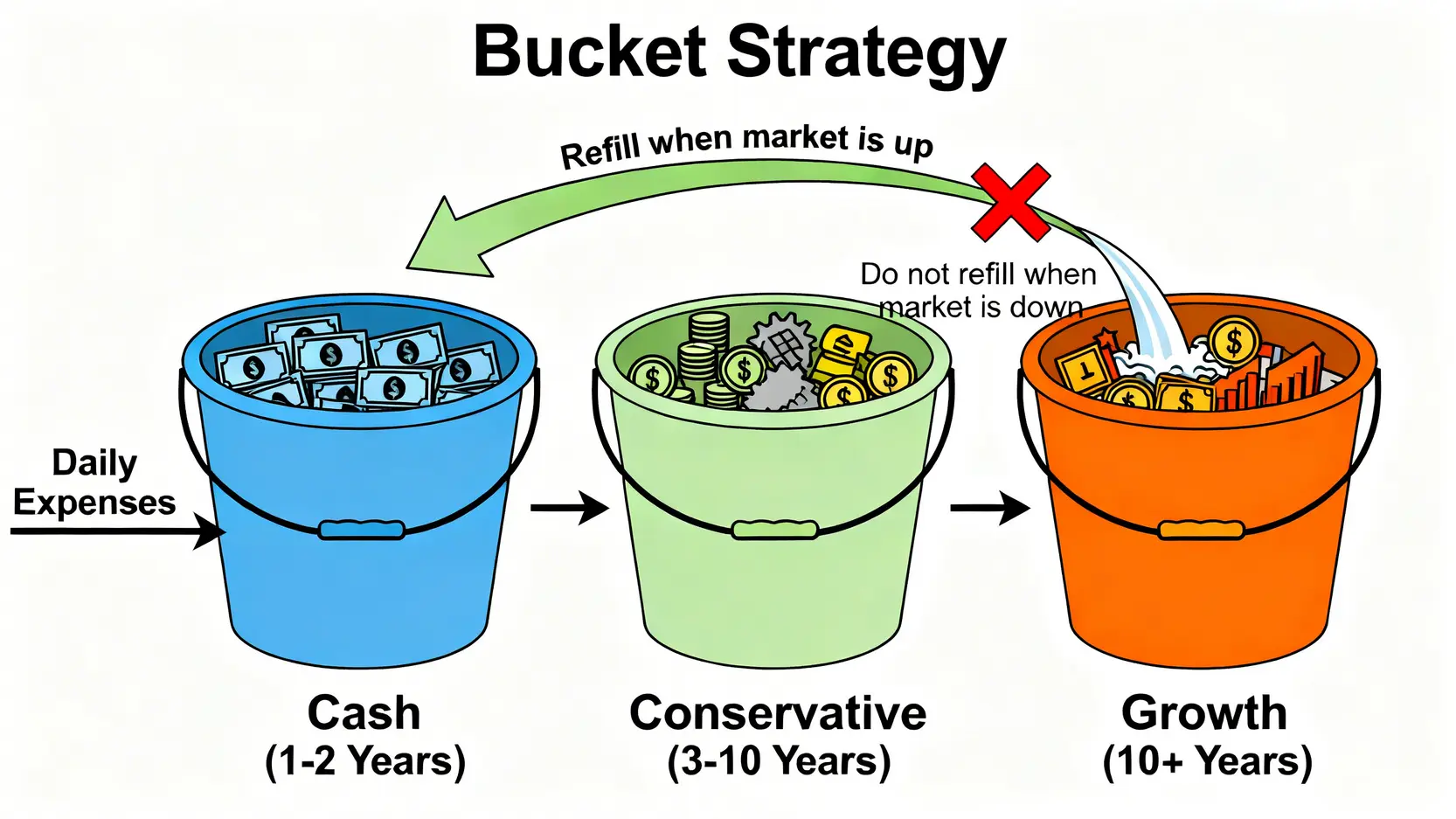2026退休ETF規劃:投資達人算給你看「真實提領率」避開3大錢坑 4 退休提領的水庫策略示意圖,展示三個不同風險等級的資金桶如何運作,以確保短期現金流並實現長期增長。