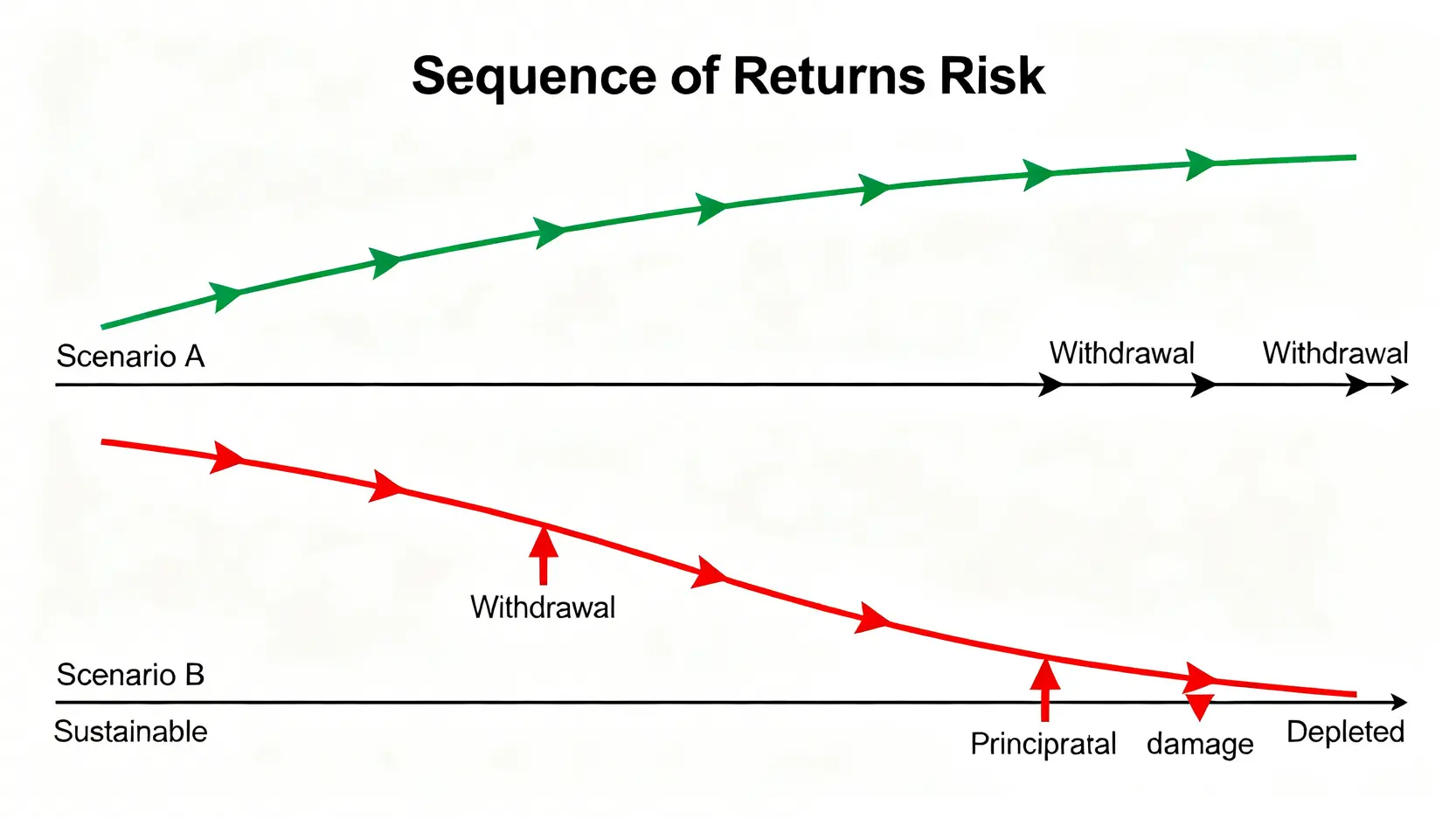 2026財務自由新規:為何4%法則已失效?分析師的動態提領策略實測 2 序列回報風險對比圖,顯示退休初期市場上漲與下跌對資產總額的巨大影響。