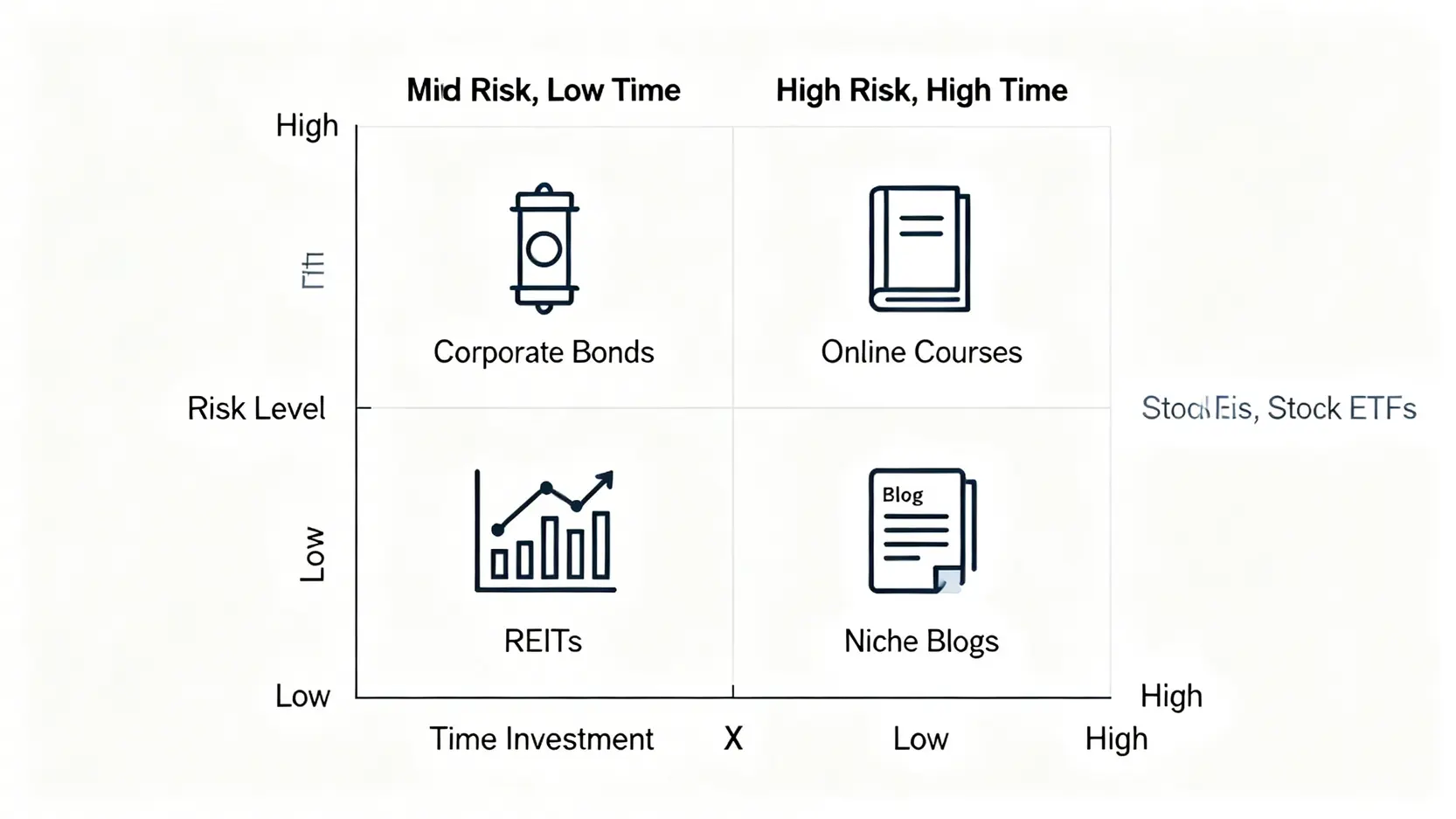 2026被動收入來源實測:5大管道的真實投報率、風險與稅務陷阱分析 3 五種被動收入來源的風險與時間投入矩陣分析圖。