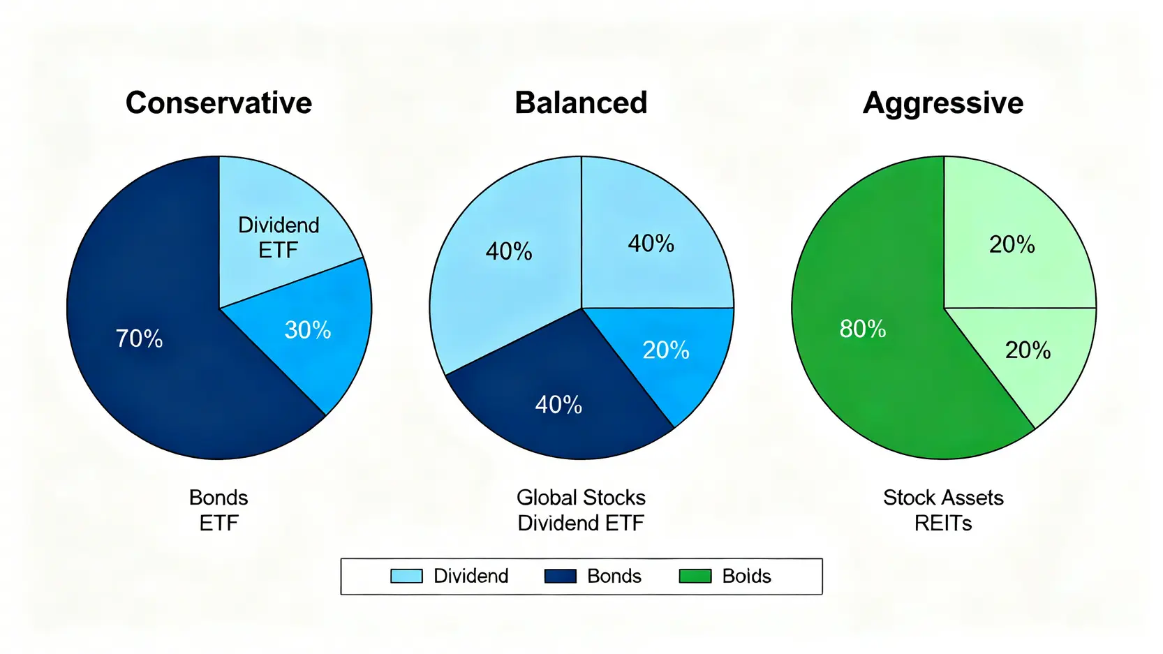2026被動收入來源實測:5大管道的真實投報率、風險與稅務陷阱分析 4 三種不同風險偏好投資者的資產配置圓餅圖,分別為保守型、穩健型與積極型。