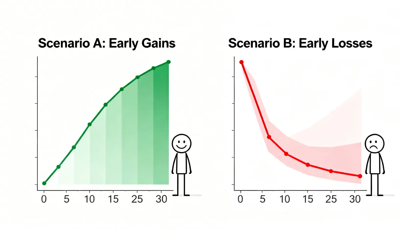 2026退休資產管理指南:實測5大提領策略與真實成本分析 2 報酬順序風險示意圖,對比兩種退休情境:左側為退休初期市場上漲,資產持續增長;右側為退休初期市場下跌,即使後續反彈,最終資產遠低於左側。