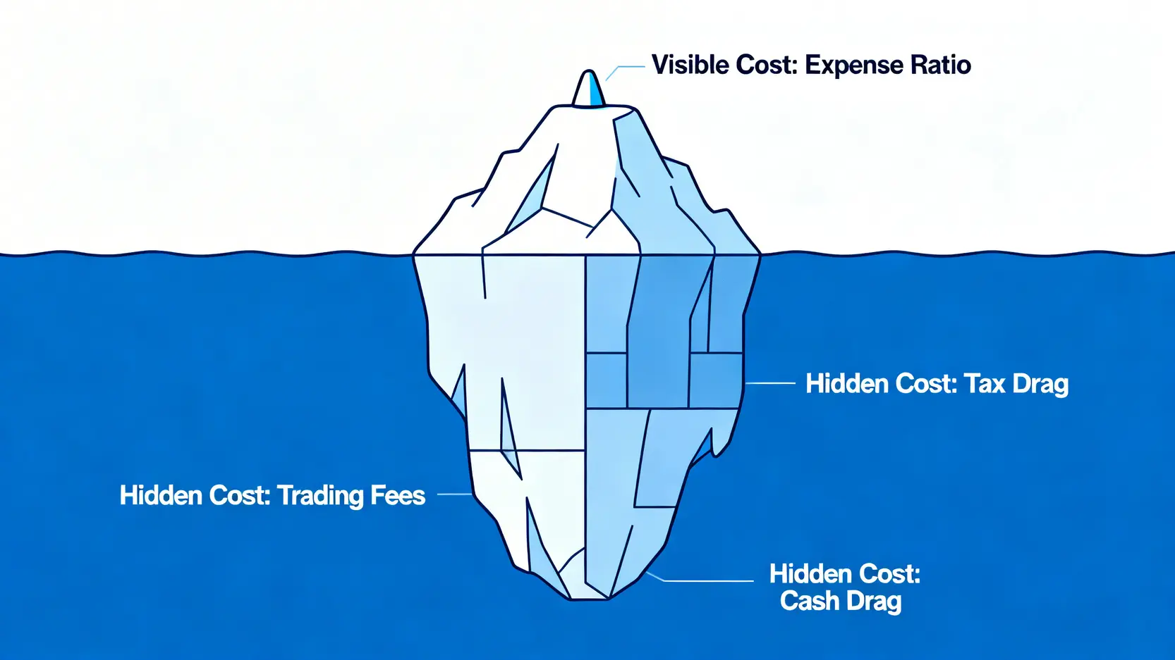 2026退休資產管理指南:實測5大提領策略與真實成本分析 3 投資成本冰山圖。水面上可見的冰山一角標示為「可見成本:內扣費用」,而水下巨大得多的部分則標示為「隱藏成本:稅務拖累、交易費用、現金拖累」。