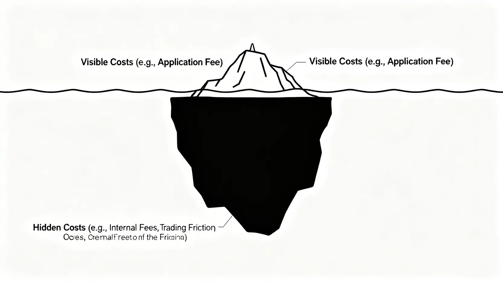 2026基金手續費比較:別只看0元折扣!專家揭露「隱藏滑點」如何吃掉你30%獲利 2 基金費用冰山模型示意圖,顯示可見的申購費只是小部分,而水面下的內扣費用和交易摩擦成本才是巨大的隱藏成本。