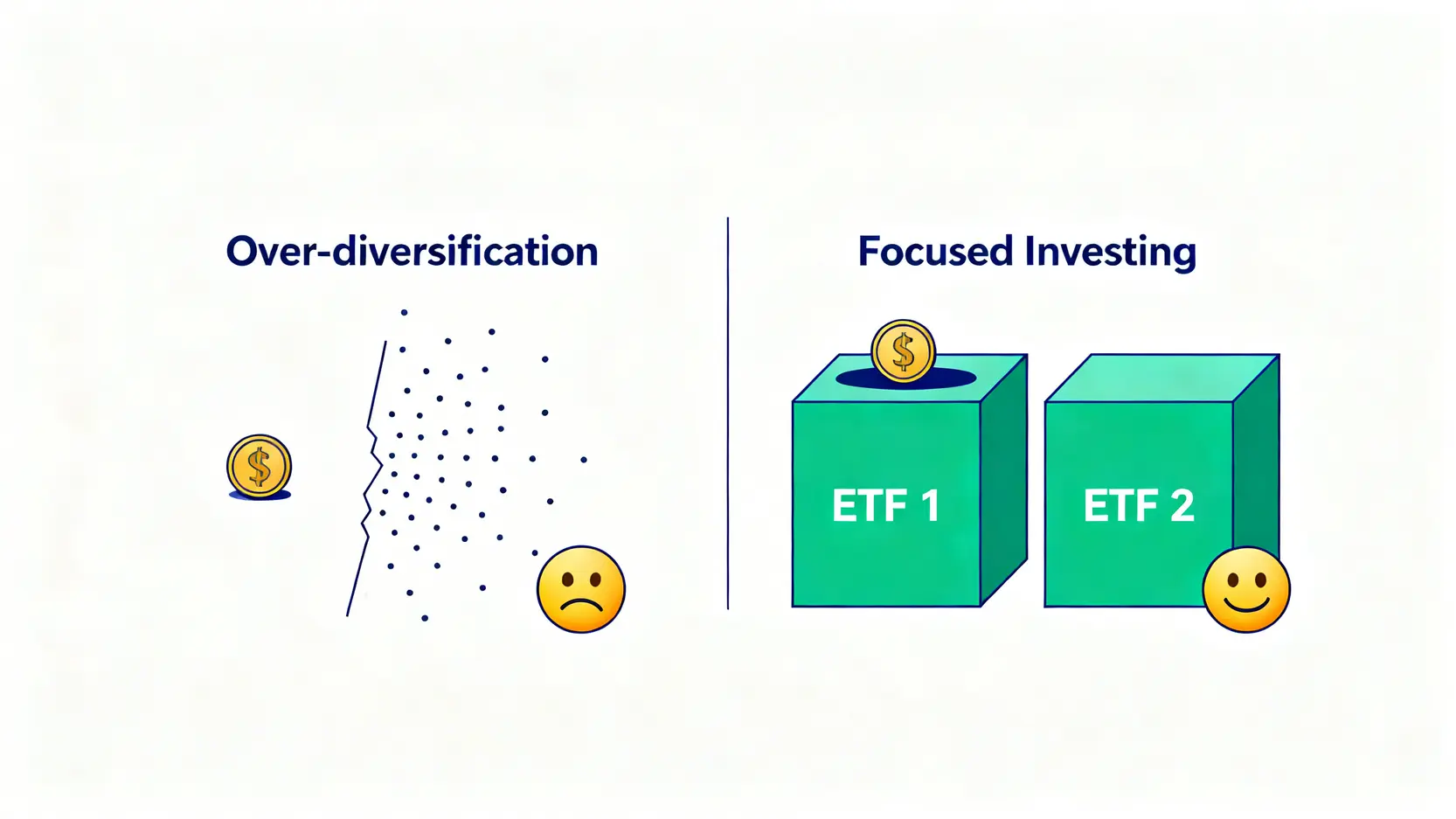 基金適合新手嗎?2026真實成本與風險分析 2 一張對比圖,顯示小額資金過度分散與集中投資於ETF的效果差異。