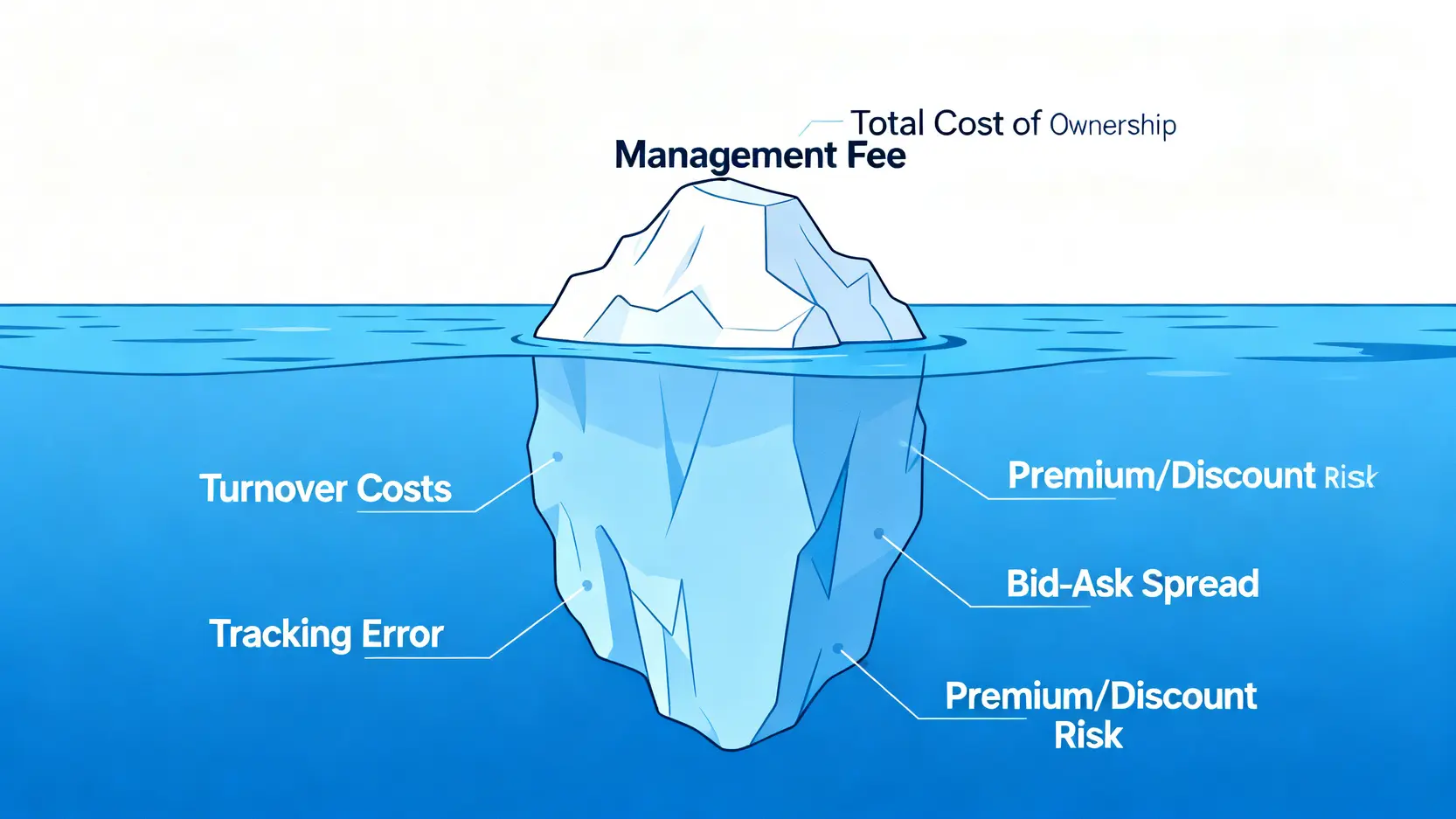 基金 vs. ETF 該選誰?5大隱藏成本與風險對比 (2026實測)|權威財務分析 2 投資總持有成本冰山圖,顯示管理費只是可見的一小部分,而週轉成本和追蹤誤差等隱藏成本佔據了絕大部分。