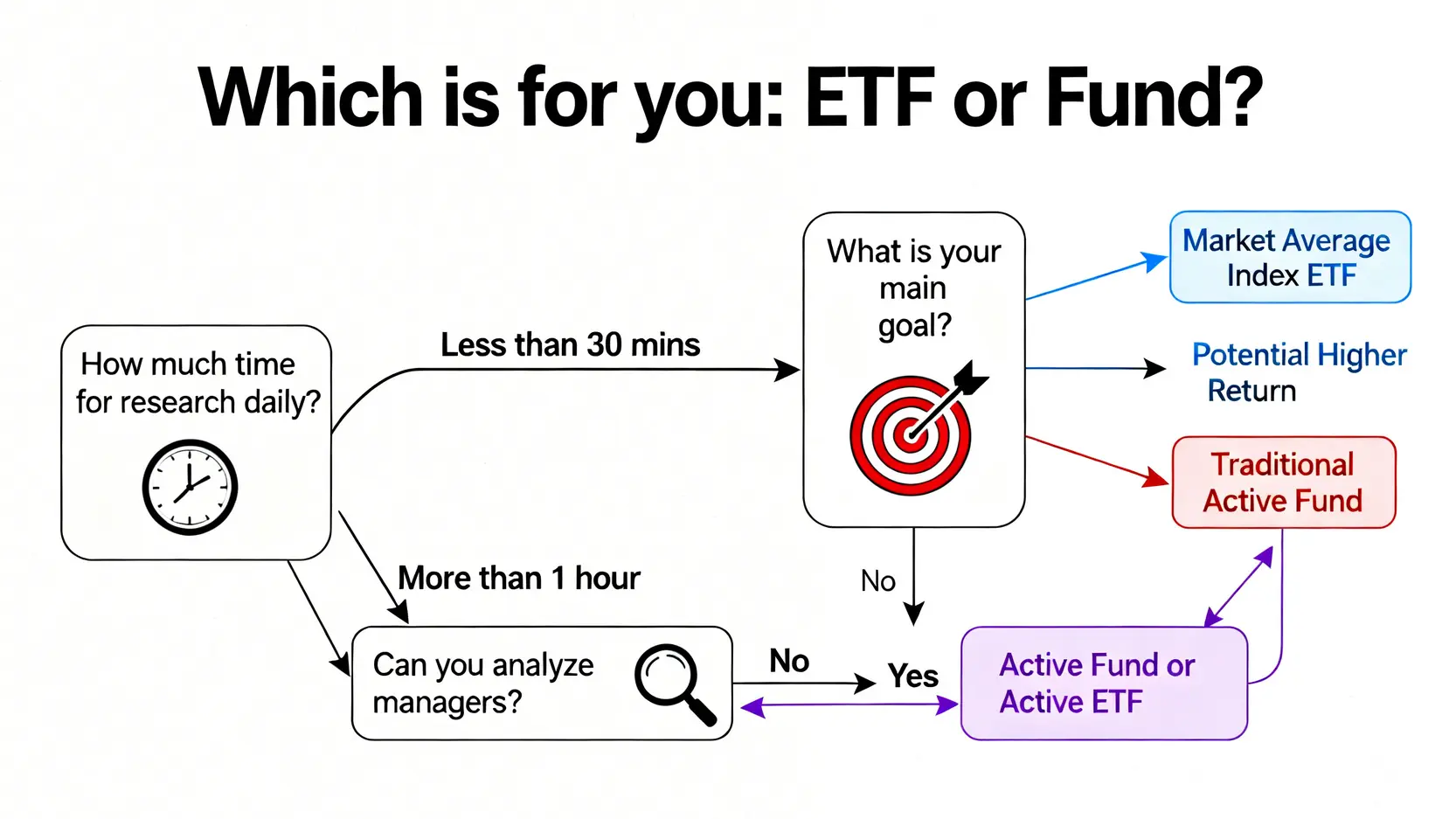 基金 vs. ETF 該選誰?5大隱藏成本與風險對比 (2026實測)|權威財務分析 4 一張投資決策樹流程圖,根據投資者願意花費的研究時間、投資目標和分析能力,引導他們選擇最適合的投資工具:低成本指數型ETF或主動型基金。