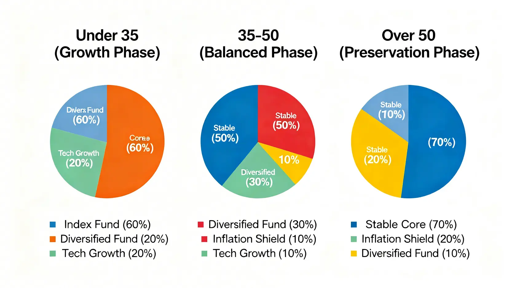 2026退休基金壓力測試:5支穿越牛熊的穩健型基金推薦 4 三張並排的圓餅圖,分別顯示35歲以下、35-50歲、50歲以上三個年齡階段的建議退休基金配置比例。