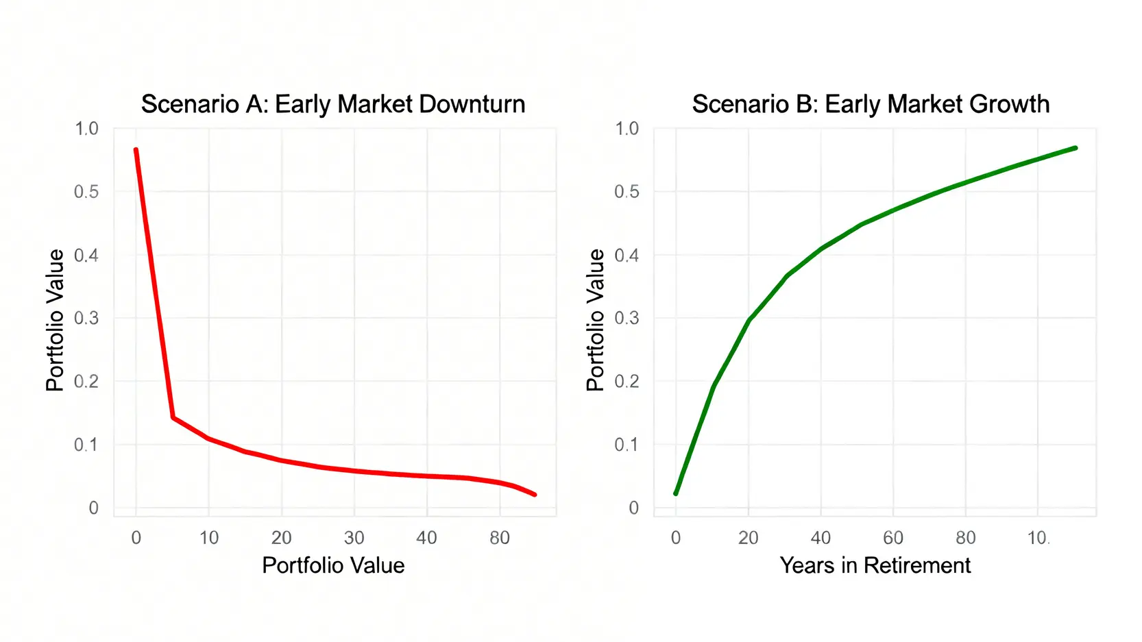 財務自由的4%法則已過時?2026年高通脹實戰指南:從資產配置到風險壓力測試 3 對比圖表顯示回報順序風險,說明退休初期遭遇市場下跌對退休金總額的長期負面影響。