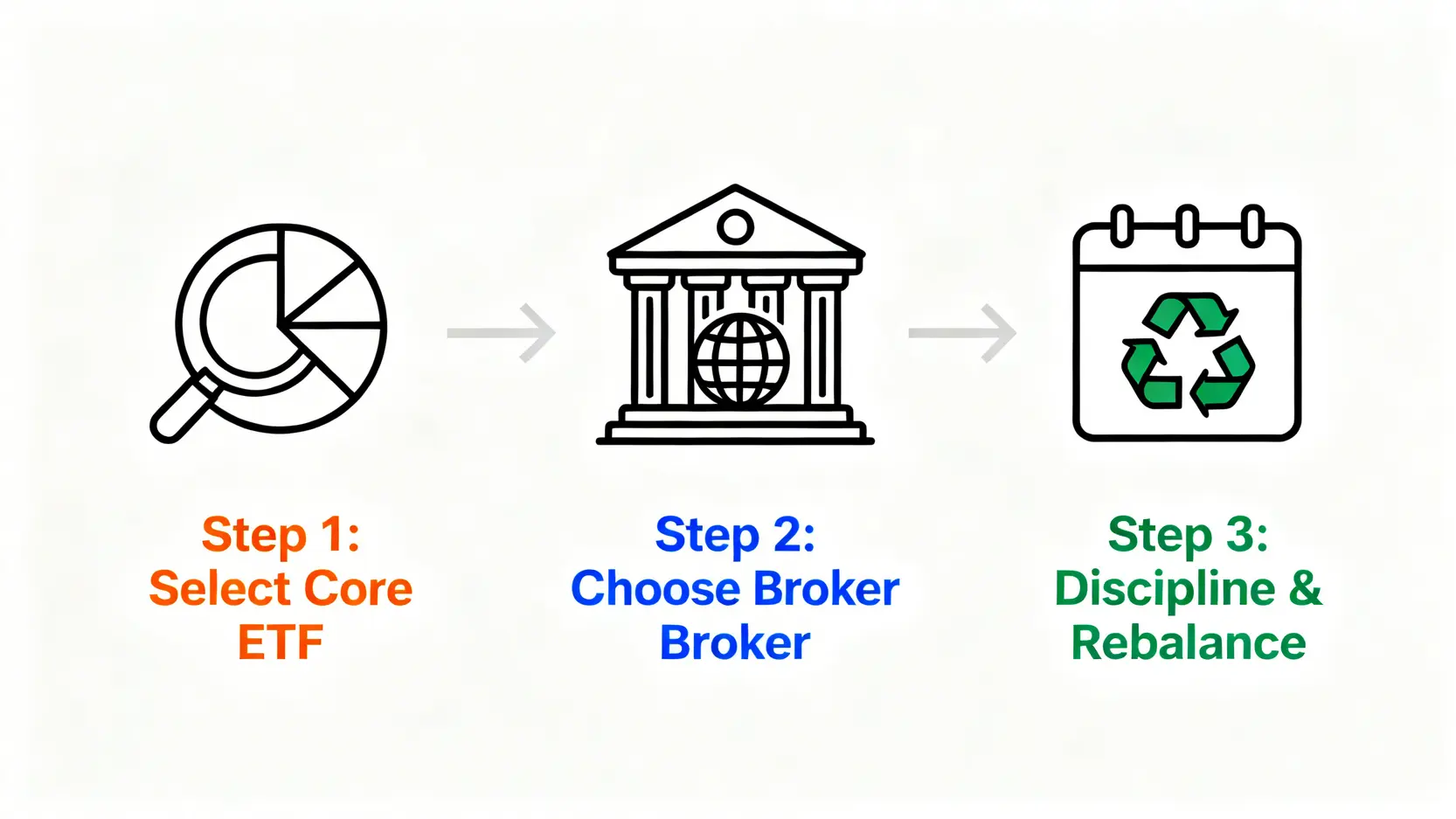 【2026 ETF推薦】別只看管理費!專家拆解4大隱藏成本,找到最適合你的財務自由ETF 4 一張三步驟流程圖,展示建立低摩擦投資組合的行動藍圖:第一步選擇核心ETF,第二步選擇券商,第三步建立紀律與再平衡。