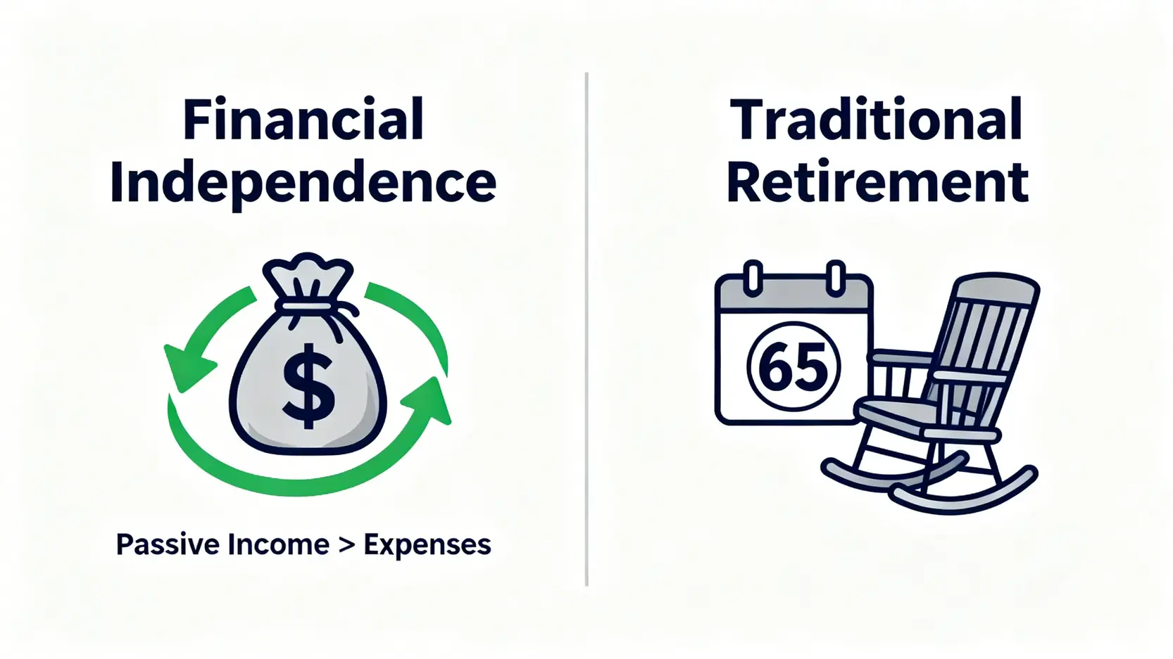 財務自由 vs. 65歲退休?一份精算師的風險與報酬對比報告 2 財務自由與傳統退休的核心差異對比圖。