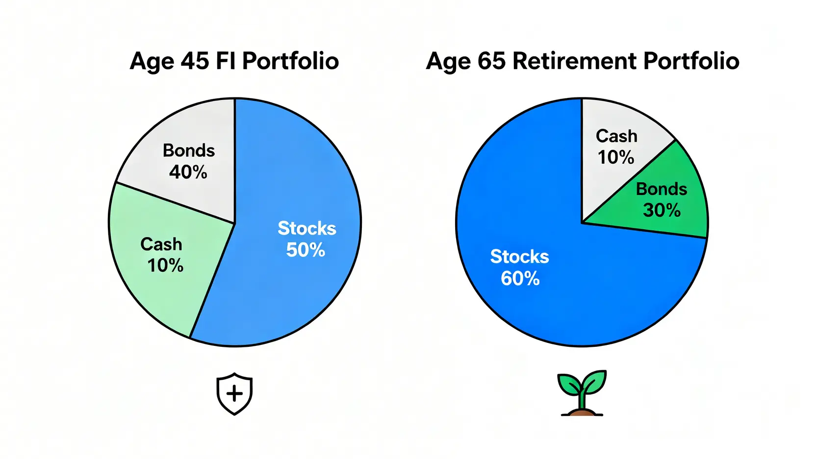 財務自由 vs. 65歲退休?一份精算師的風險與報酬對比報告 4 45歲財務自由與65歲傳統退休的建議資產配置比例對比圖。