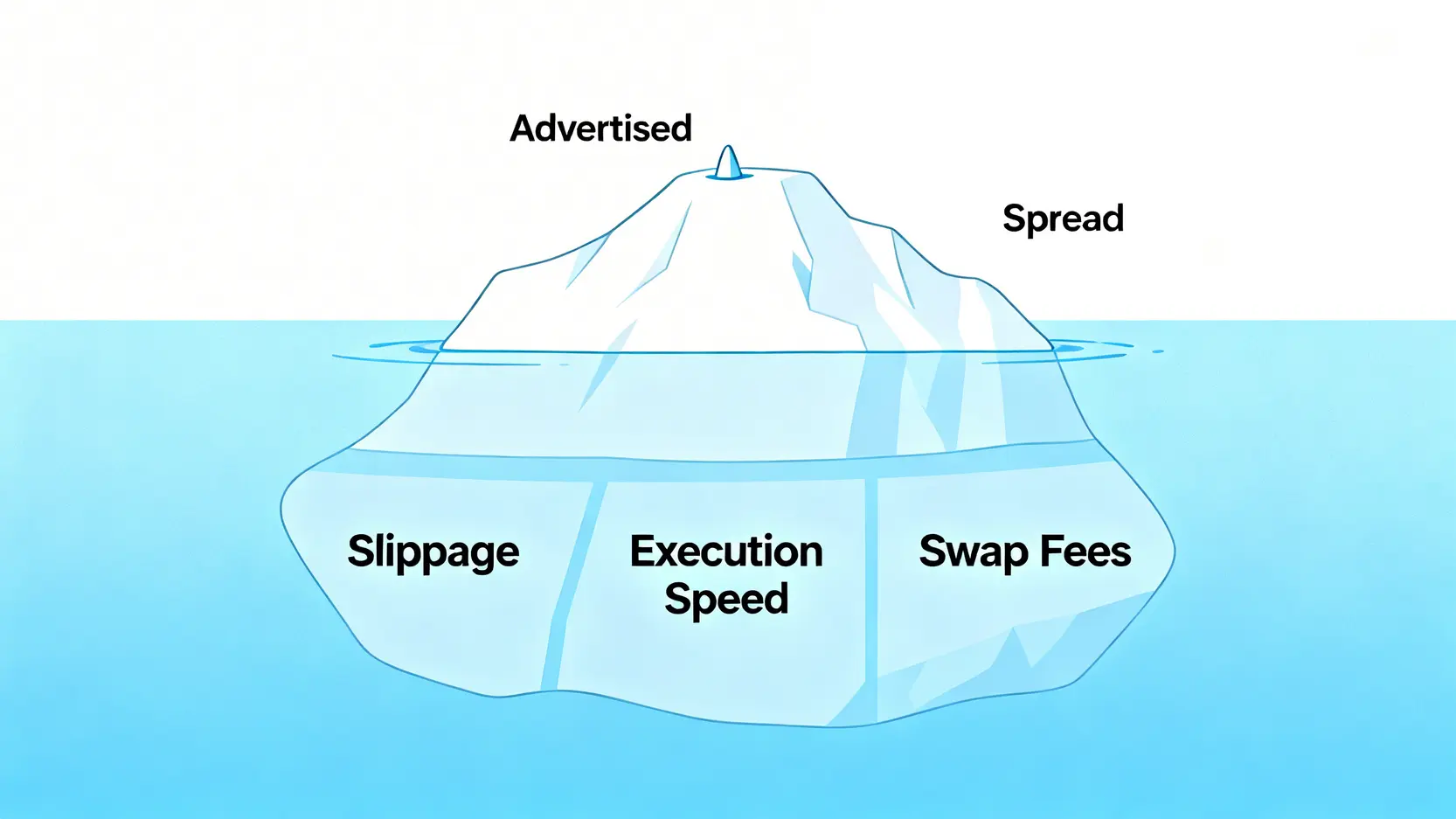 2026外匯平台最終評測:實測滑點與隱藏成本,避開90%新手陷阱 2 交易成本冰山圖,顯示點差只是可見的一小部分,而滑點、執行速度和隔夜利息是巨大的隱藏成本。
