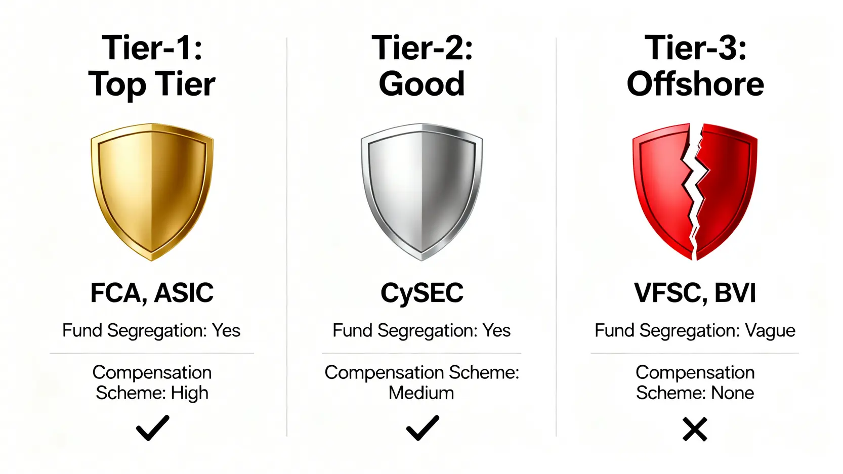 2026外匯平台最終評測:實測滑點與隱藏成本,避開90%新手陷阱 3 頂級、良好、離岸三種監管機構的對比圖,顯示它們在資金隔離和賠償計畫上的安全差異。