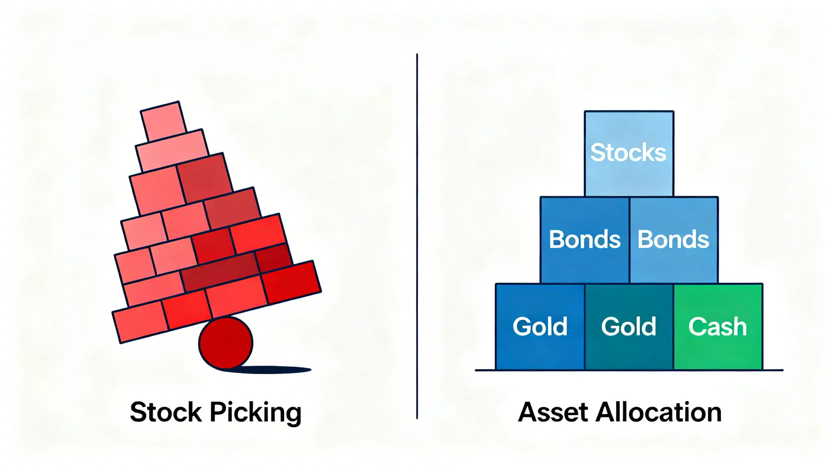 2026投資策略指南:頂尖分析師的5種資產配置實戰教學 2 一張對比圖,左邊是搖搖欲墜的選股策略,右邊是穩固的多元化資產配置。