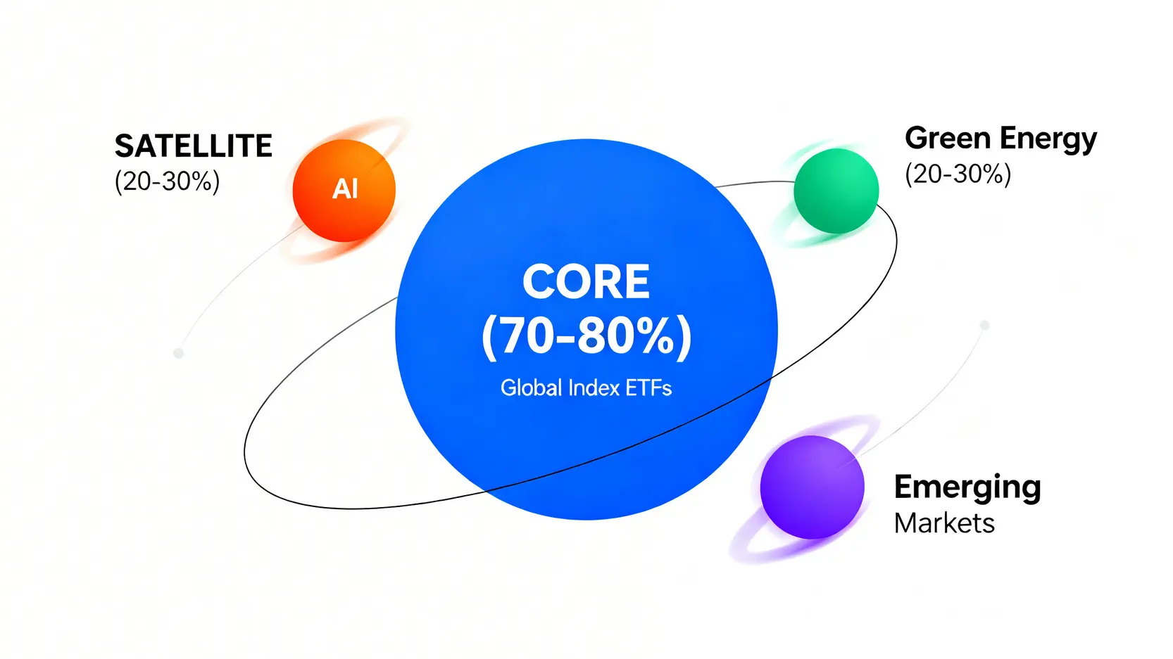 2026投資策略指南:頂尖分析師的5種資產配置實戰教學 3 核心-衛星投資策略示意圖,一個大的核心資產周圍環繞著幾個小的衛星資產。