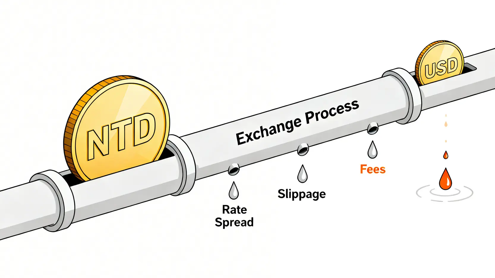 2026美元走勢預測:現在適合買嗎?專家分析三大情境與5大銀行換匯成本 3 一張顯示換匯隱藏成本的示意圖,新台幣經過一個有漏洞的管道後,變成了較少的美元,漏洞代表了匯率差、滑點和手續費。