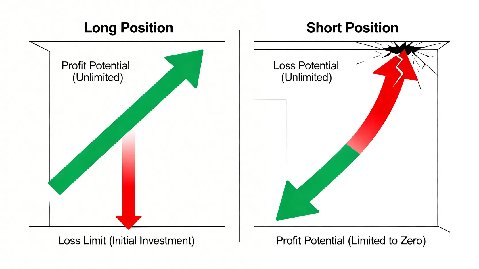 【融券 vs CFD vs 反向ETF】做空教學:2026年成本與風險全解析 2 做多與做空風險對比圖,顯示做多虧損有限而做空虧損無限。